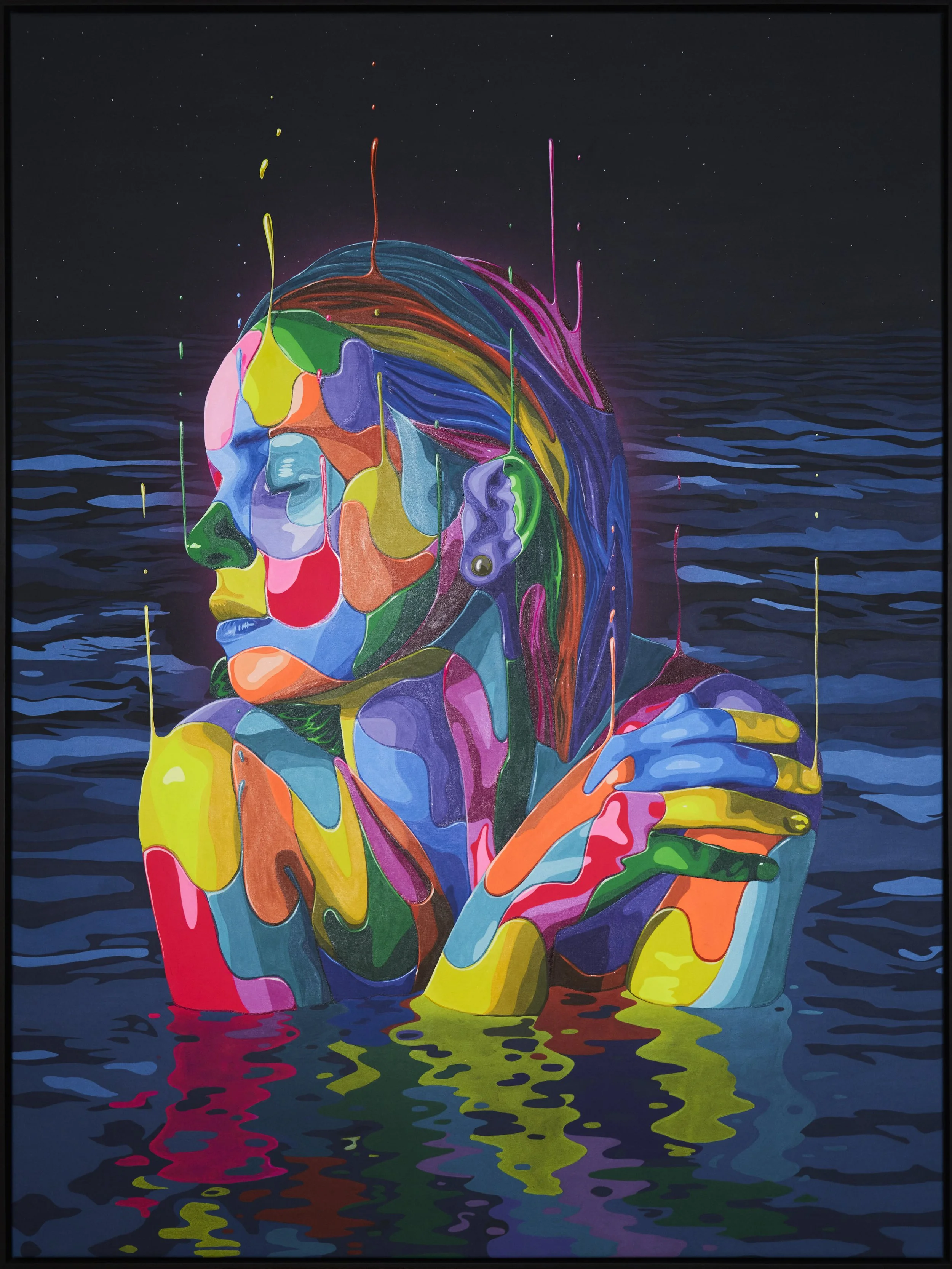 Colorful abstract portrait of a woman with multiple vibrant colors blending together, depicted as if she is immersed in water at night with a starry sky in the background.