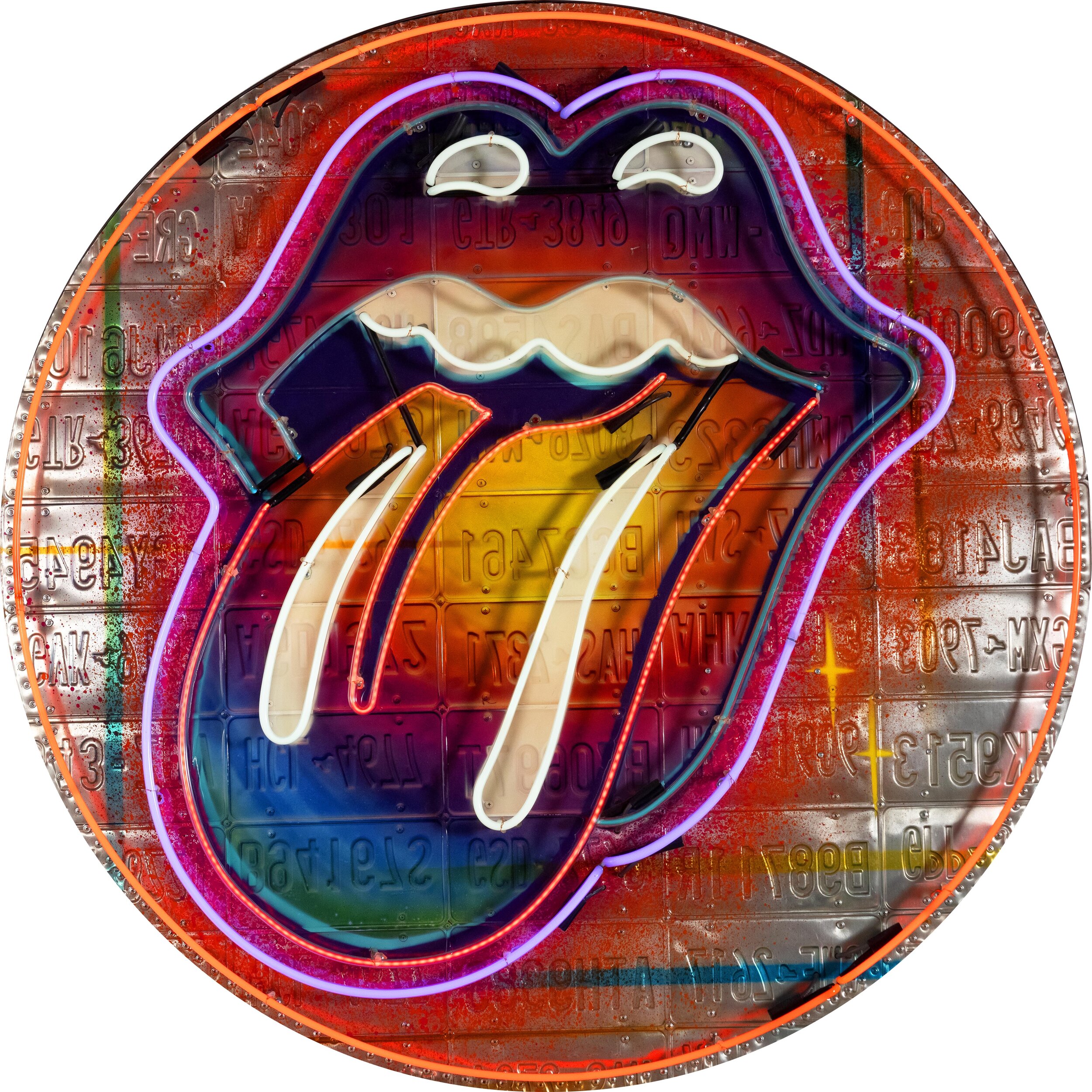 Colorful neon sign of the Rolling Stones tongue logo with open mouth and extended tongue, surrounded by a round orange border.