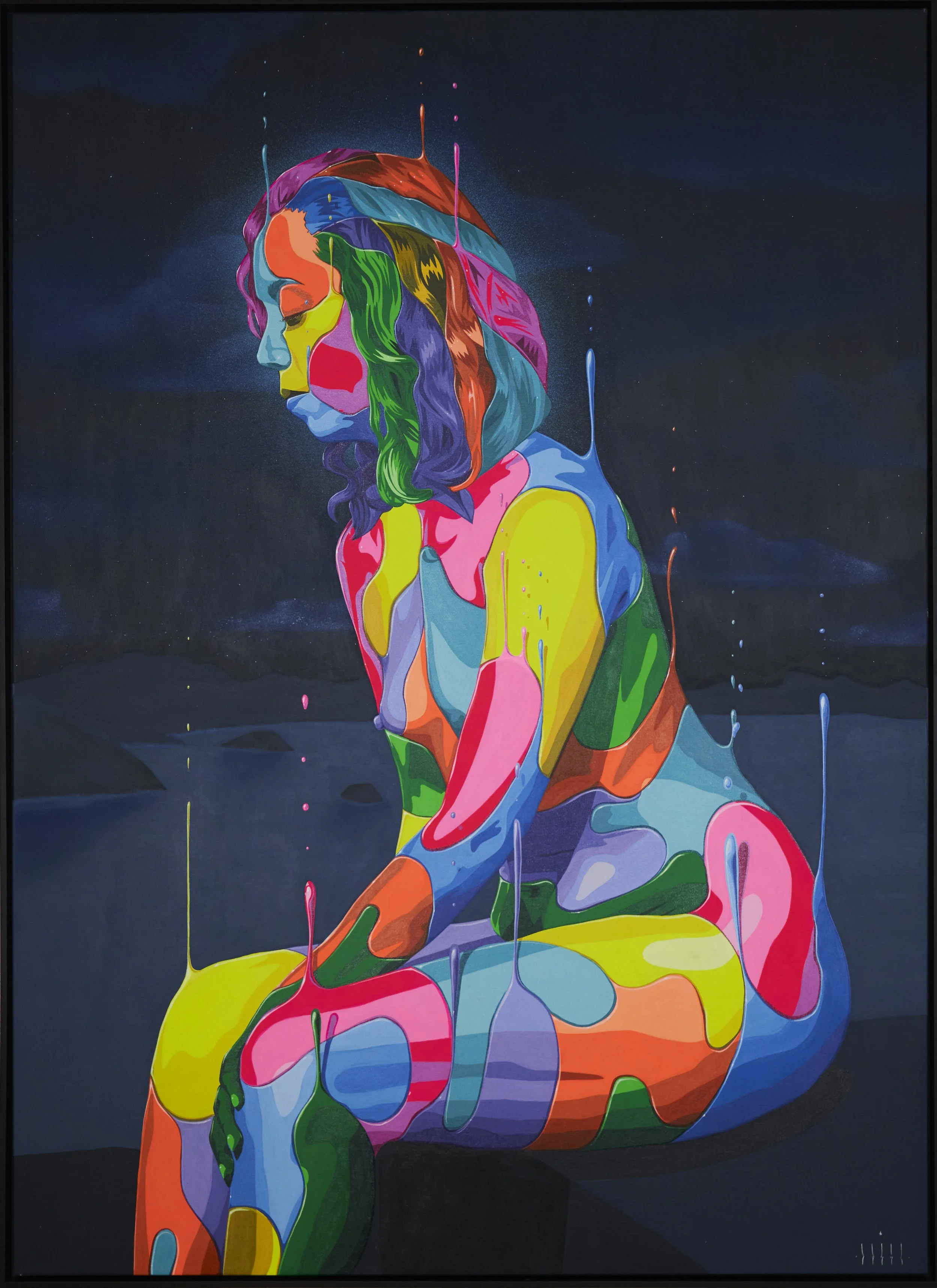 Colorful abstract mural of a seated woman with long hair, painted in vibrant, flowing paint splashes against a dark background.