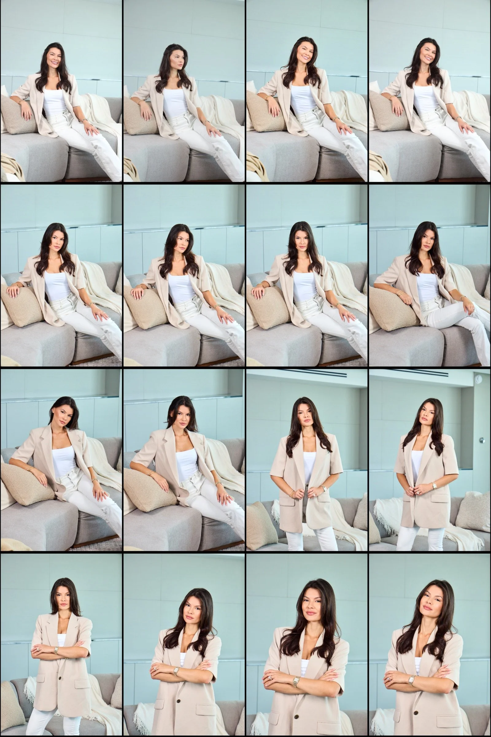 Collage of twelve images of a woman with long dark hair, wearing a beige blazer and white pants, sitting on a gray couch and standing in front of a light blue wall.