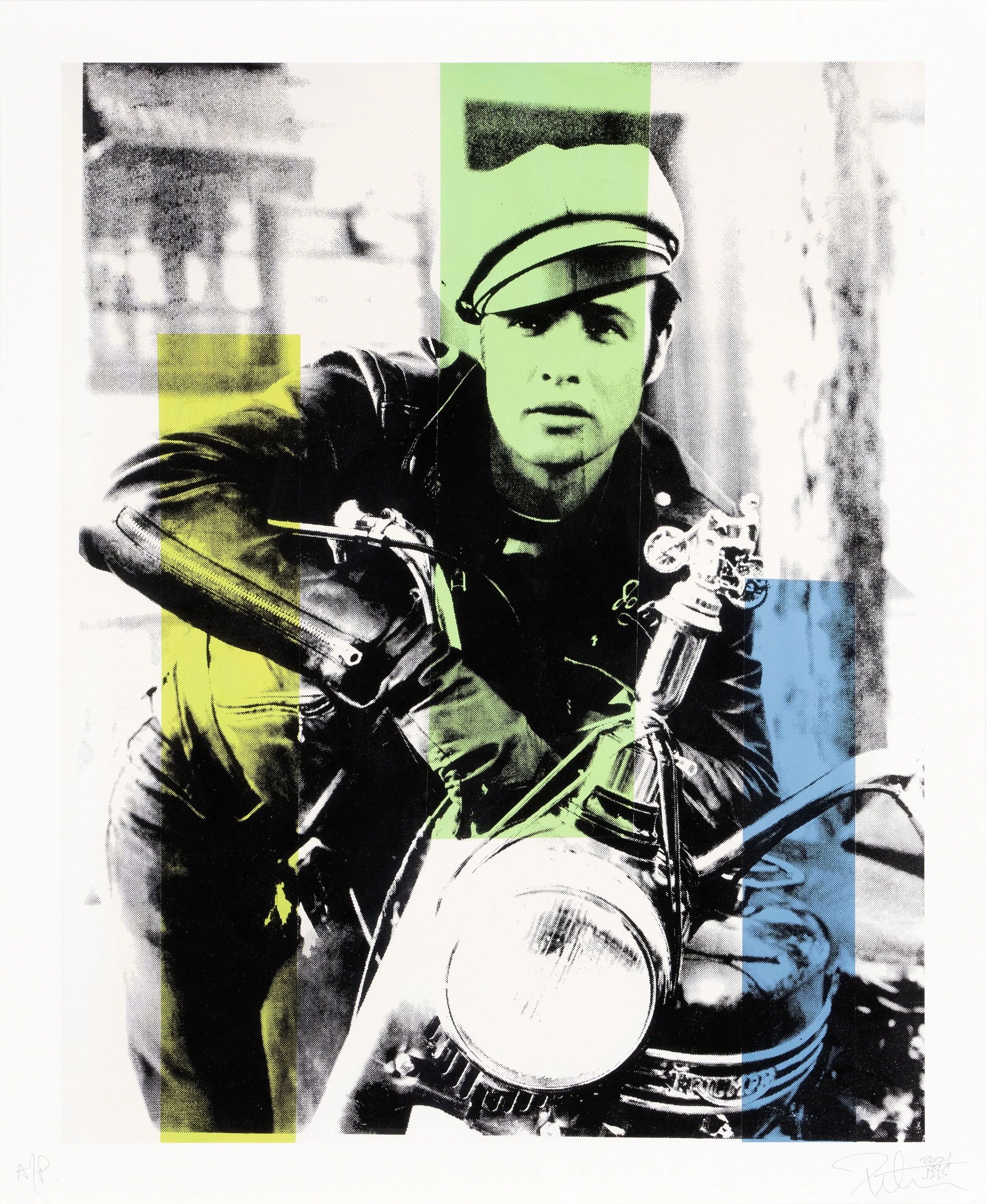Black and white photograph of a man wearing a leather jacket and a cap, sitting on a motorcycle, with colored rectangles overlaying parts of the image.