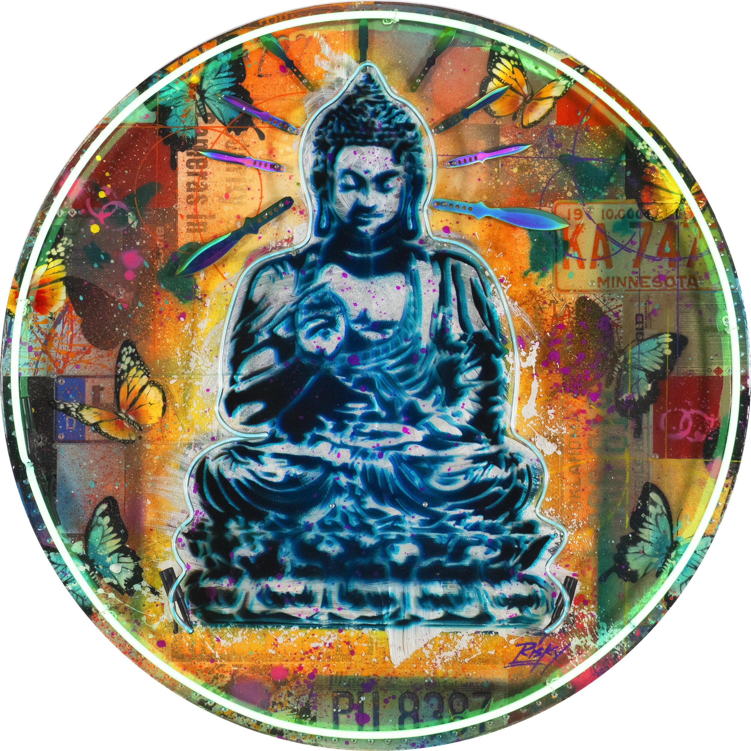 A colorful art piece featuring a neon-lit figure of a seated Buddha with a serene expression, surrounded by vibrant illustrations of butterflies and abstract splashes of paint, all within a circular frame.