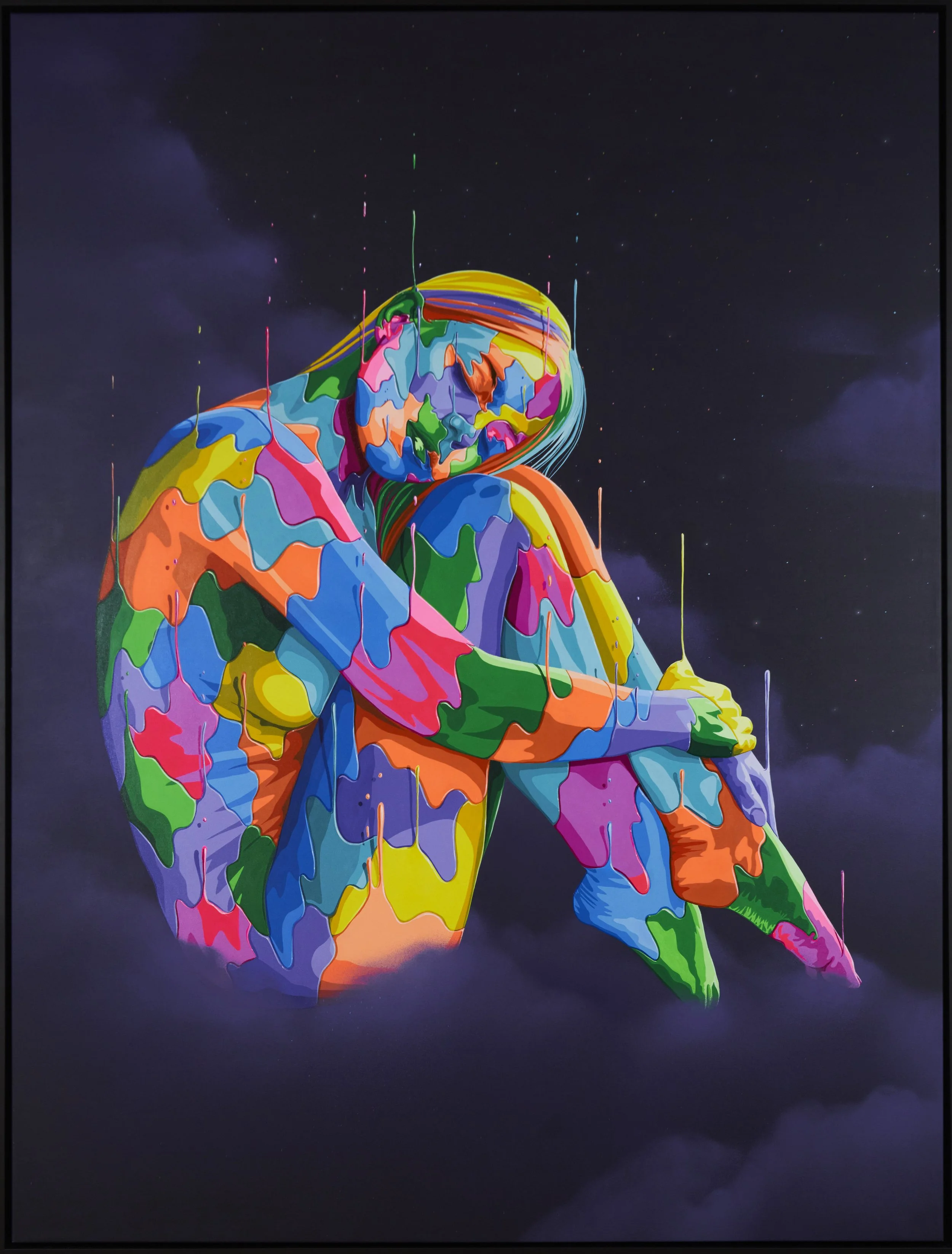 Colorful abstract artwork of a person sitting, with their head bowed and arms wrapped around their knees, set against a dark, starry sky background.