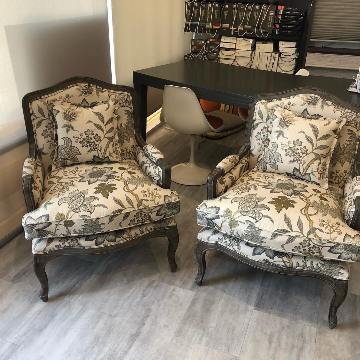 Just completed this pair of Restoration Hardware Bergere chairs in a great Magnolia Fabric.  The customer is going to be thrilled.  #Magnoliafabrics