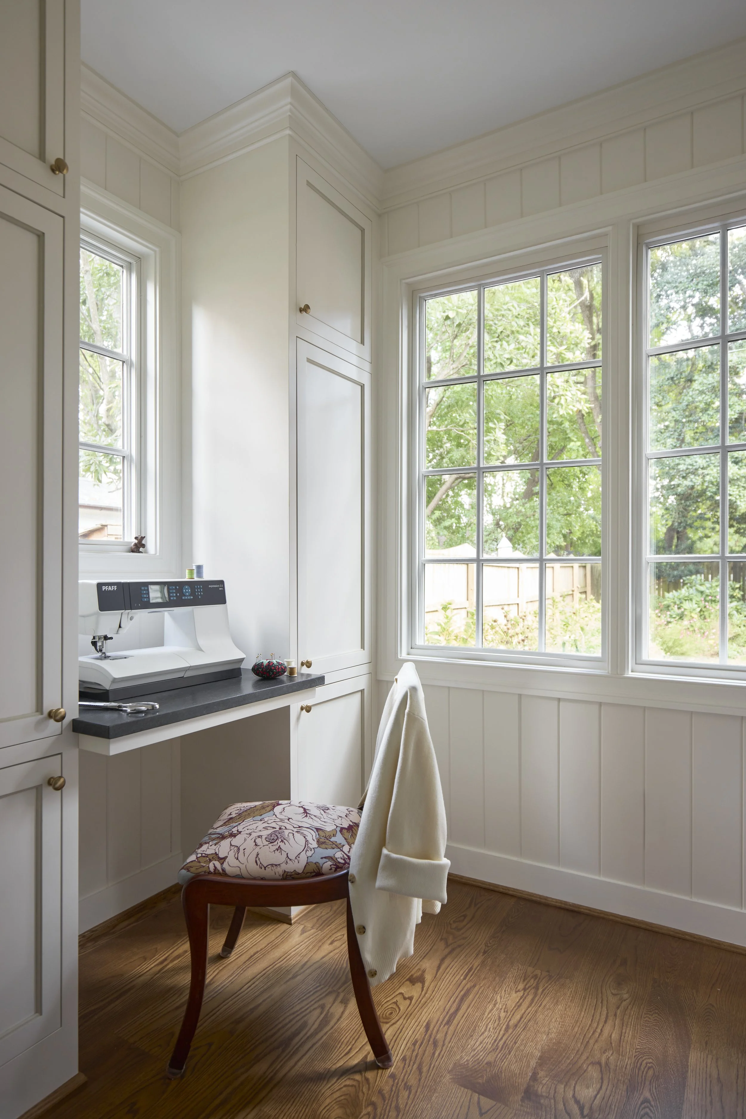 Sewing table, Vgroove paneling, KK Harris Design, Chantilly Maximalist, Sewing table, Custom Cabinetry