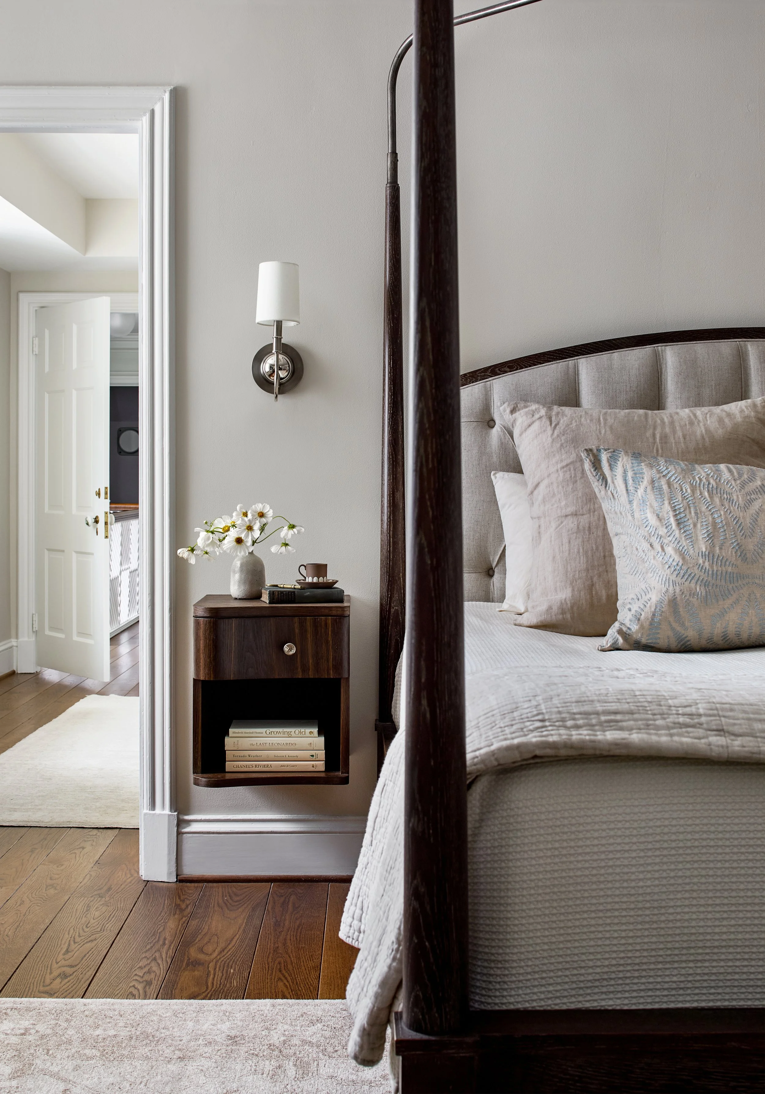 Custom Nightstand, bespoke furniture, bedding, historic bedroom