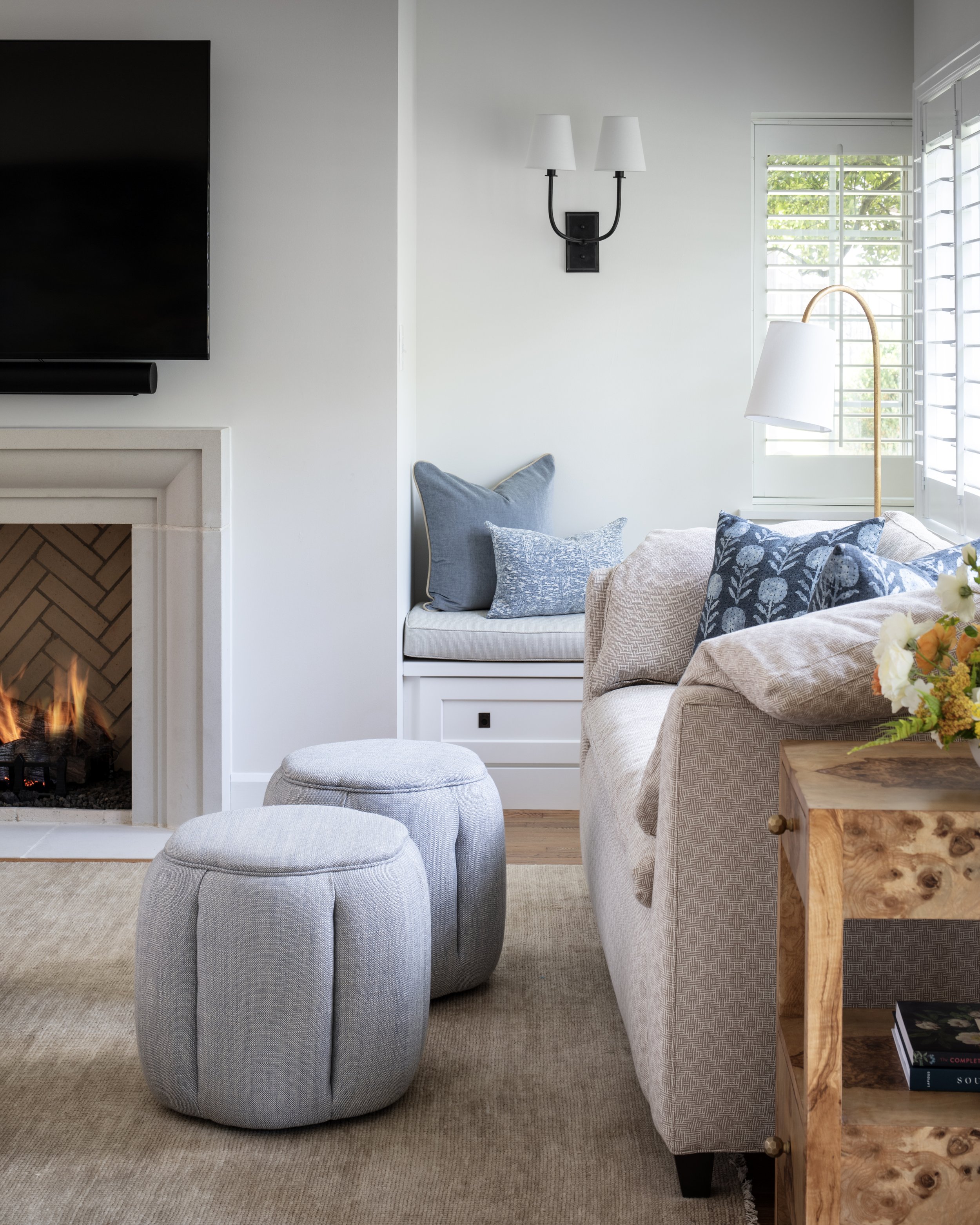 Custom Upholstery, built in fireplace, herringbonefireplace, cast concrete fireplace, custom furniture, soft goods, burlwood