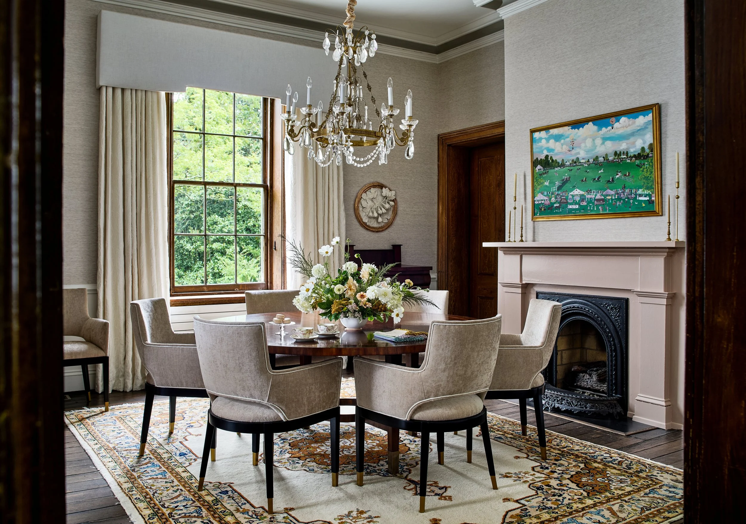 Hitoric Dining Room, textured paper, luxury seating, fireplace, bespoke drapery panels