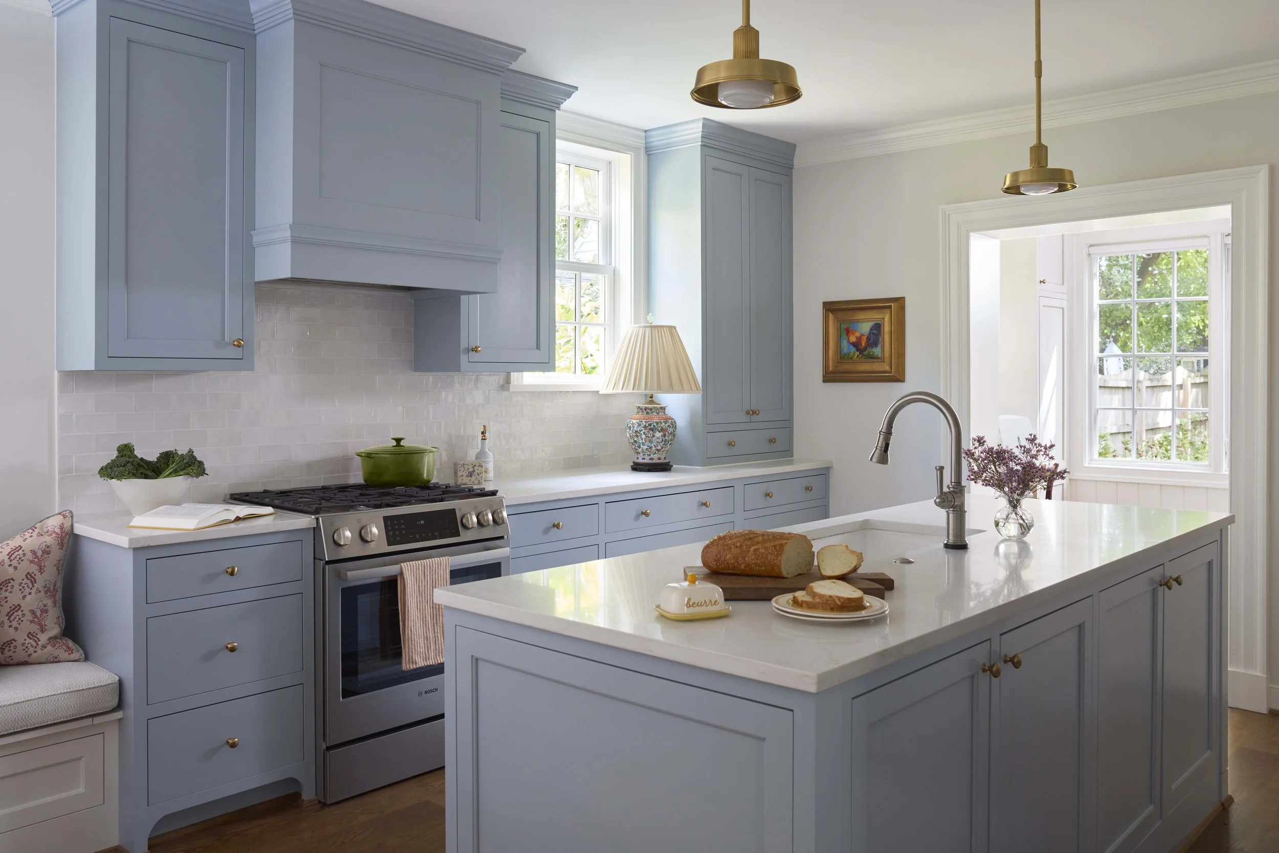 Custom Cabinetry, bespoke cabinets, blue paint color, santorini blue