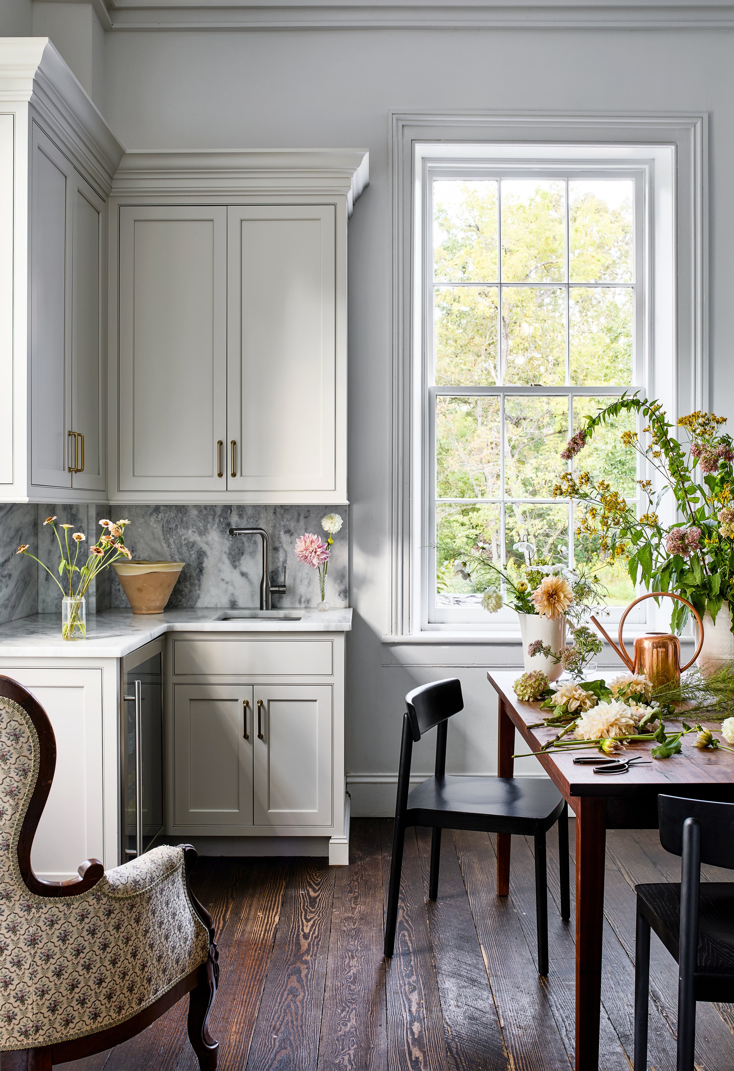 Historic, bespoke kitchen, 1858 historic home, walnut table, stone backsplash