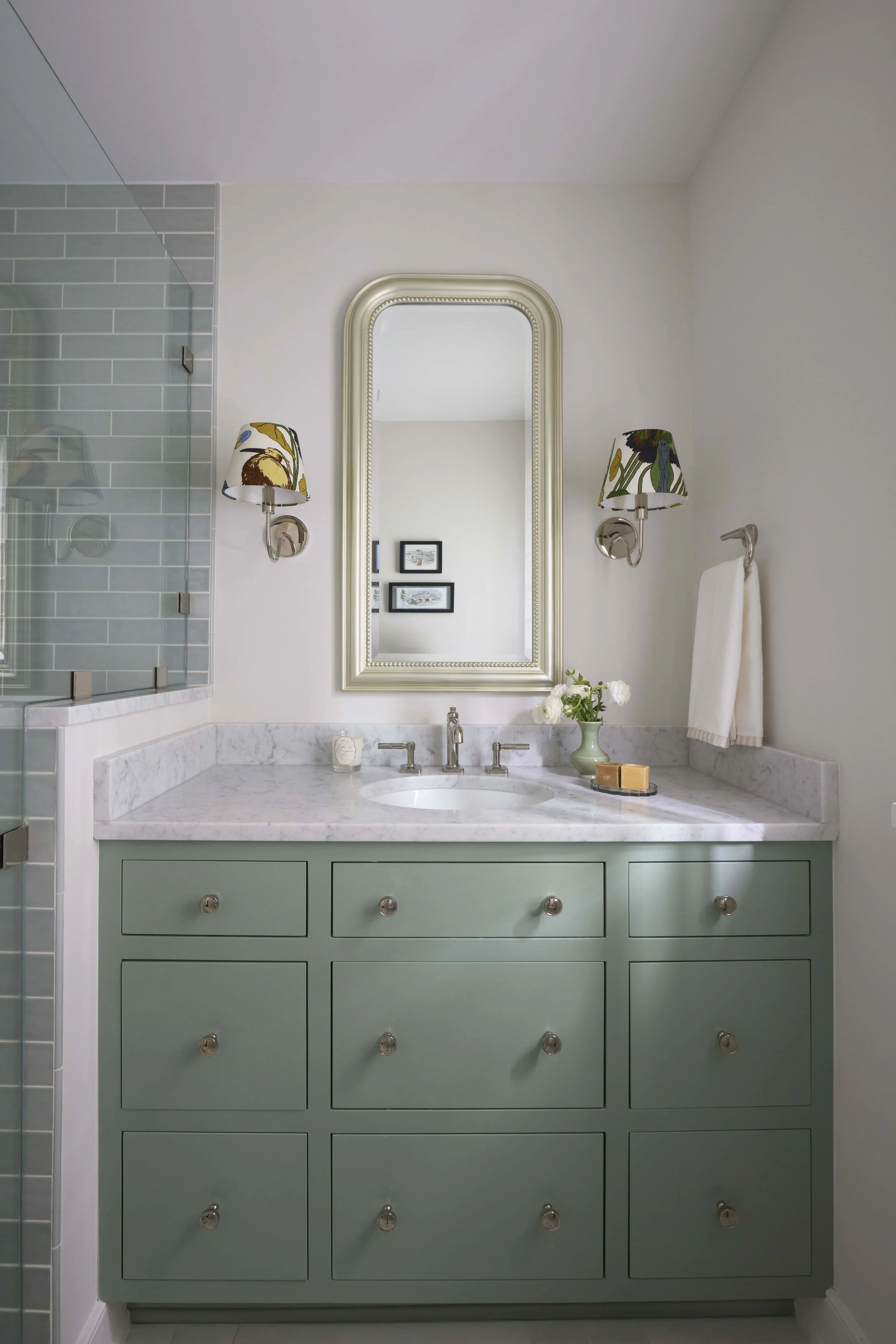 Custom Millwork, Inset Cabinetry, Green Cabinetry, marble counter, Custom Lighting, Fabric Shades
