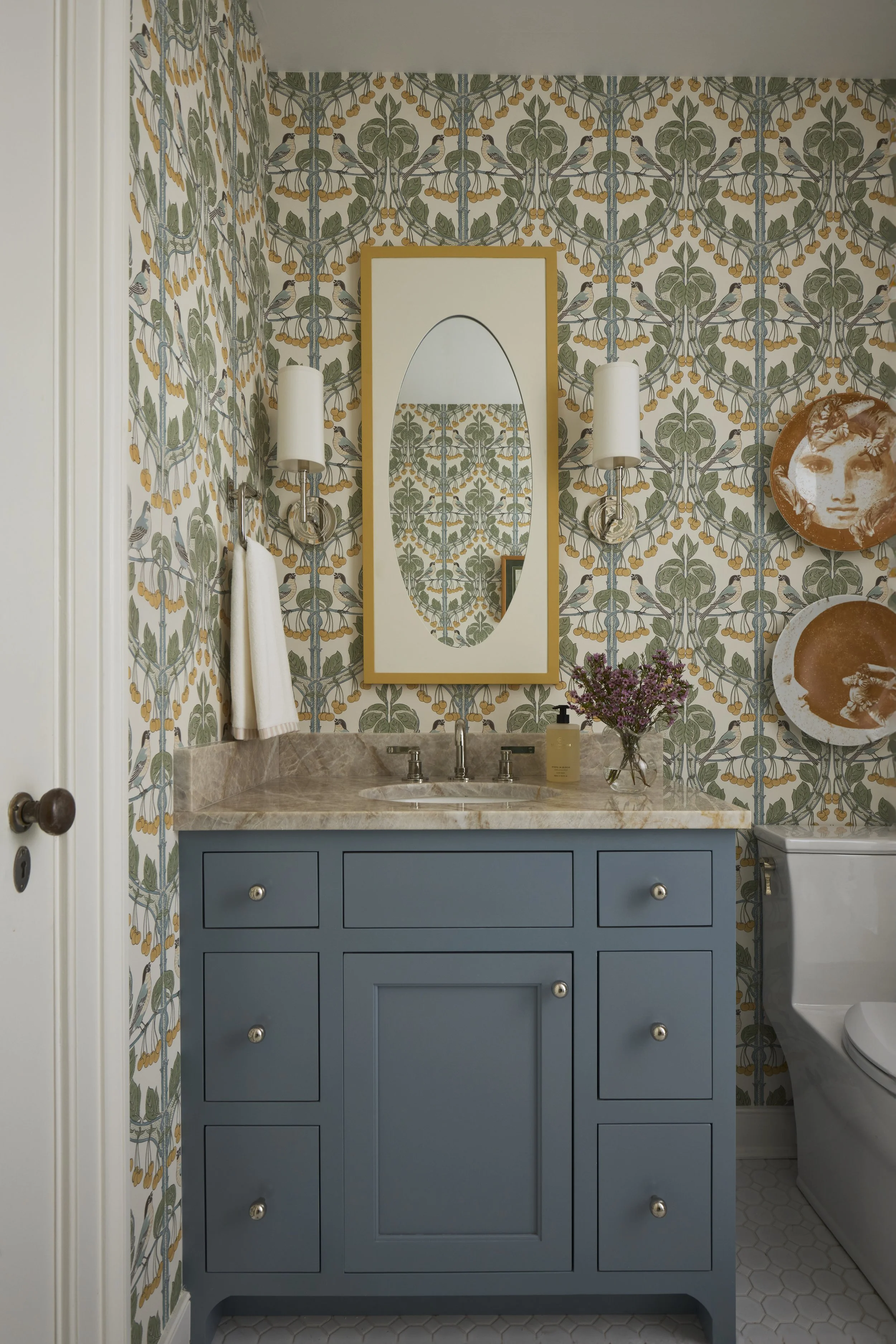 Custom Cabinetry, bespoke yellow mirror, blue cabinet, inset cabinetry, wallpaper