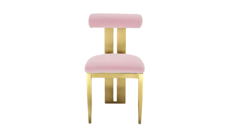Pink and gold chair with a pink cushioned seat and backrest, gold frame, and wooden legs.