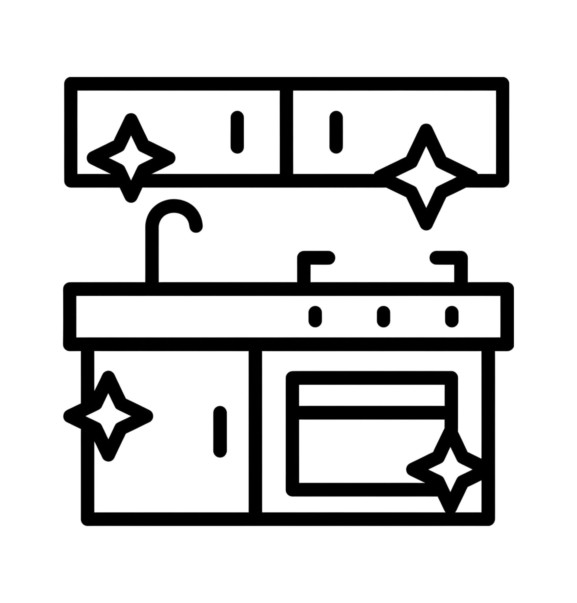 Line drawing of a kitchen with a countertop, sink, oven, and stove, with sparkling effects highlighting appliances.