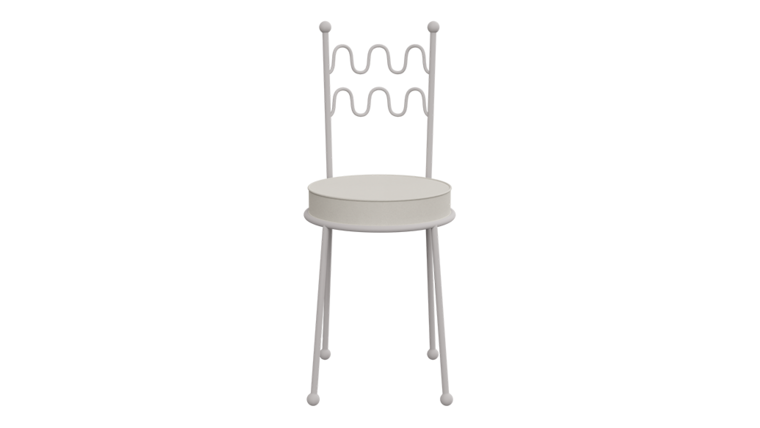 White metal chair with a decorative backrest and cushioned seat.