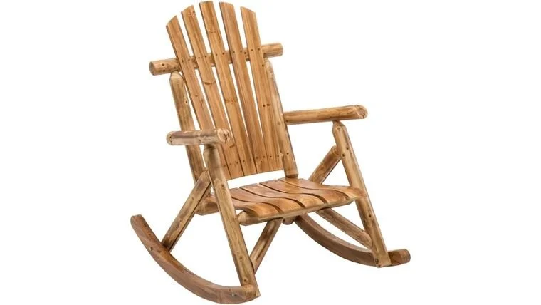 Wooden rocking chair with slatted back, seat, and armrests, designed for outdoor or porch use.