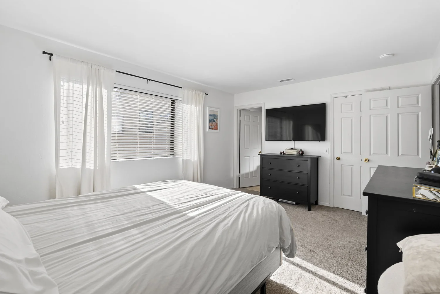 Primary bedroom with TV and closet doors