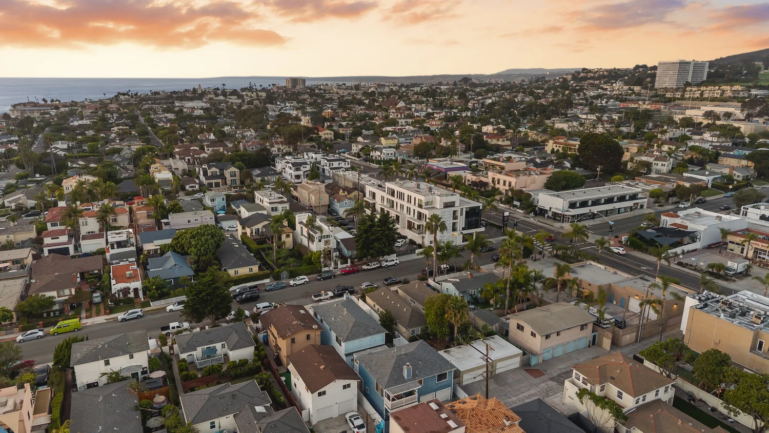 Aerial over the La Jolla neighborhood at dusk