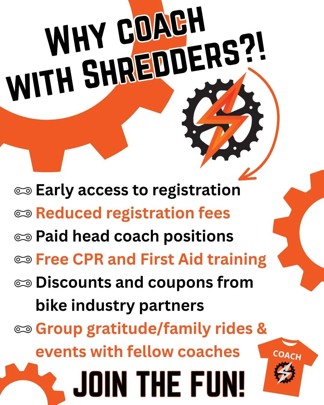 🚨 Coach Perks Alert 🚨

Shredders MTB coaches get early access to Spring registration AND 20% off registration 🙌

🌱 Spring coach registration opens this Friday, Feb. 13th

If you plan on coaching this spring and haven&rsquo;t filled out the Coach 