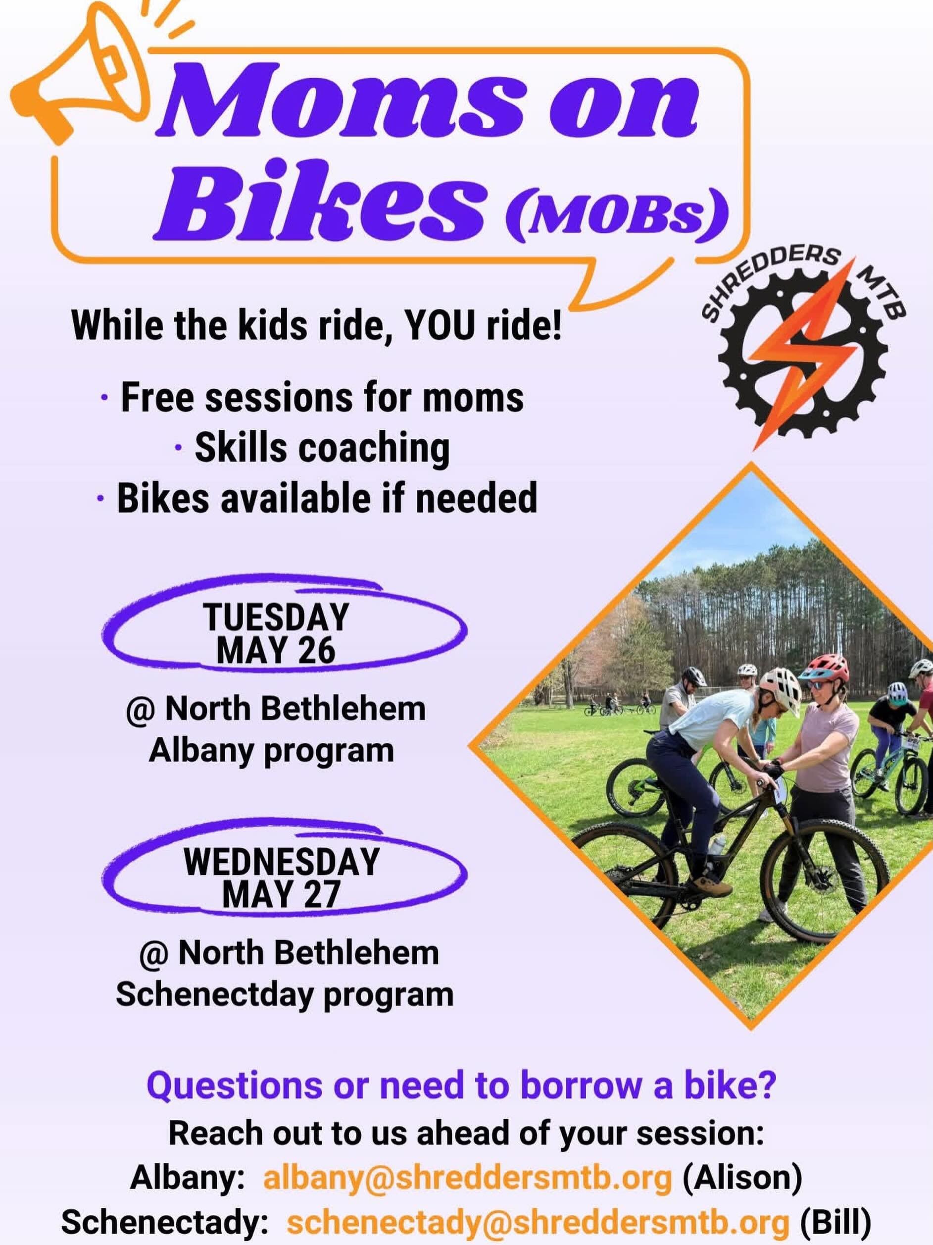 Moms on Bikes (MOBs) &ndash; Join Us!

We&rsquo;re piloting something new at Schenectady &amp; Albany Shredders next week&hellip; and we want YOU there.

Whether you ride regularly, want to try coaching, or haven&rsquo;t been on a bike in years - thi