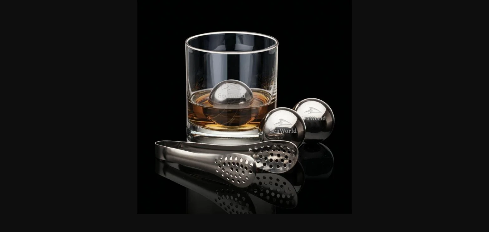 Swiss Force Set of 2 Whiskey Balls and Tongs | Ontario Corporate Gifts – stainless steel whiskey balls chilling drink in glass