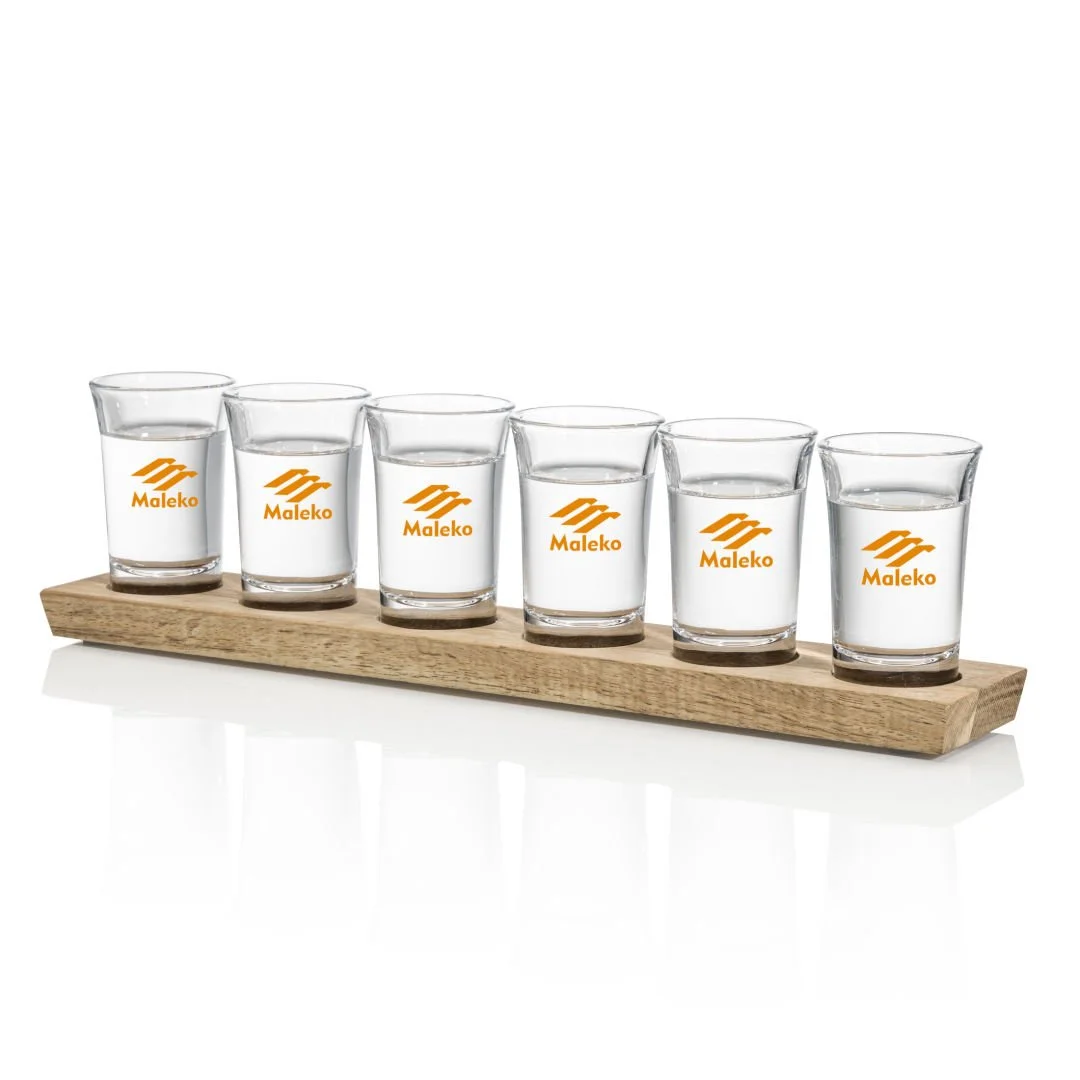 Shot Glasses Set on Acacia | Ontario Corporate Gifts – six custom printed shot glasses in acacia wood holder