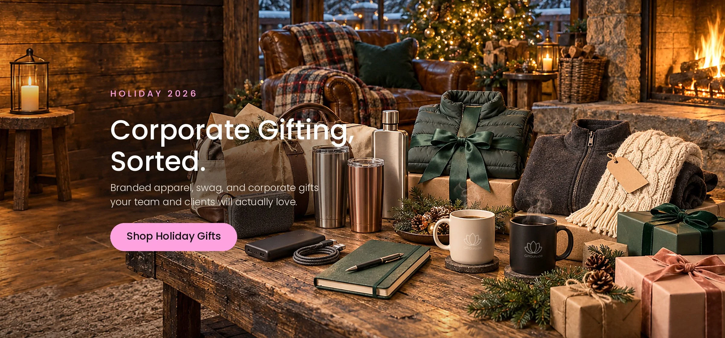 beautiful array of promotional products on a wooden table in a canadian log cabin full of holiday decor and warm firelight