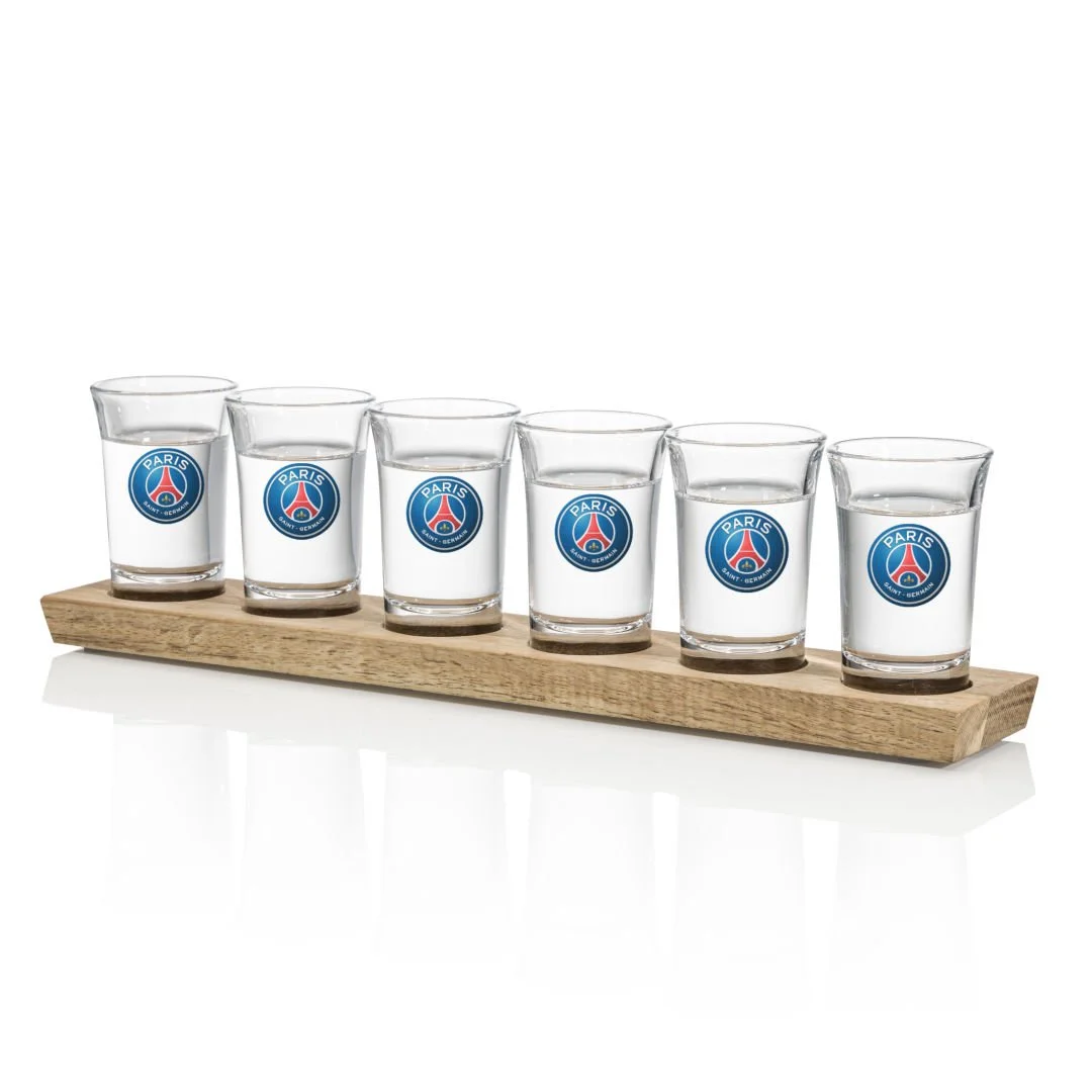 Shot Glasses Set on Acacia | Saskatchewan Corporate Gifts – shot glasses with navy blue custom print on acacia holder