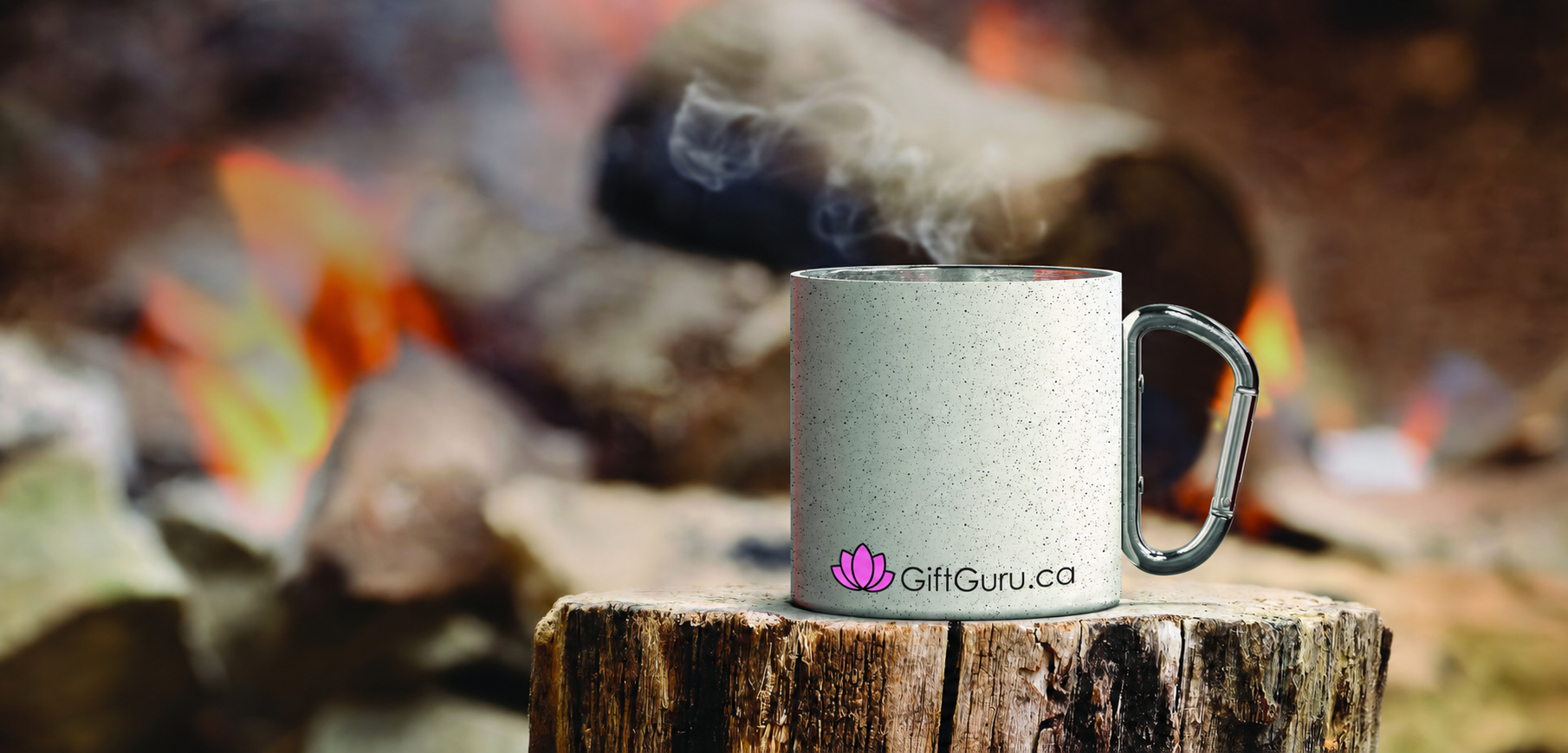 White custom campfire mug with carabiner handle