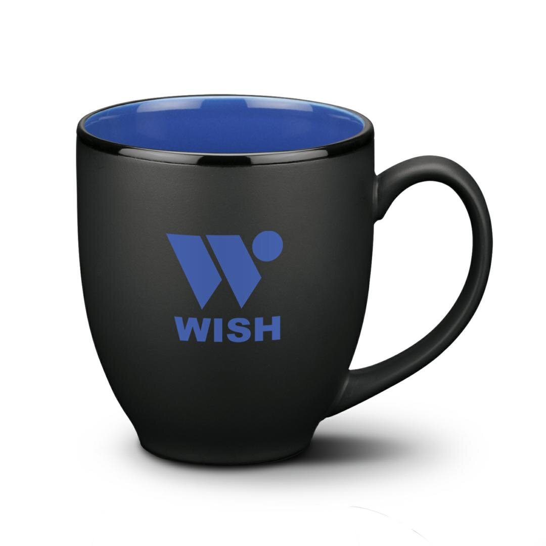 16oz custom promotional cafe mug toronto matte black with blue
