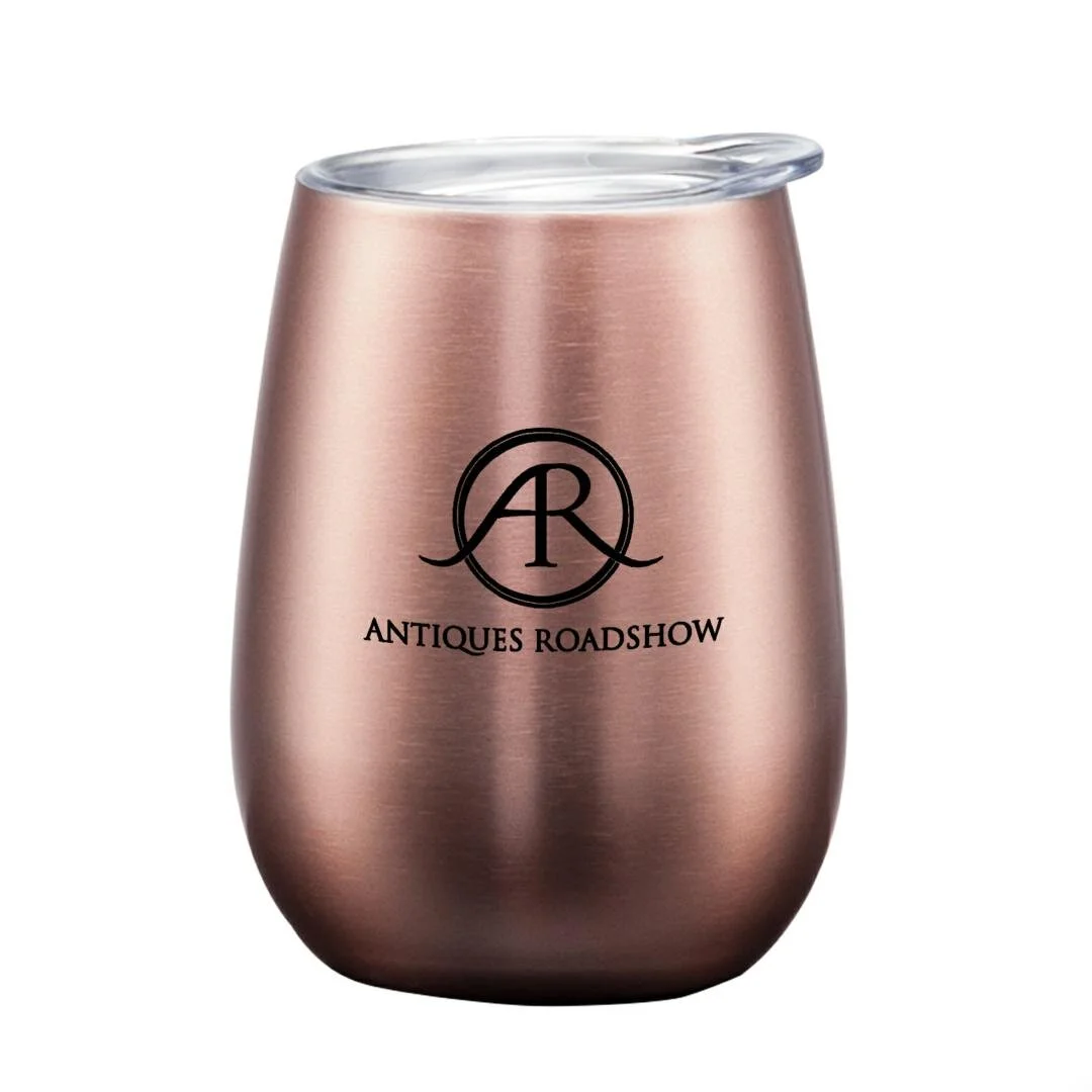 promotional stainless steel wine tumbler antiques roadshow logo rose metallic