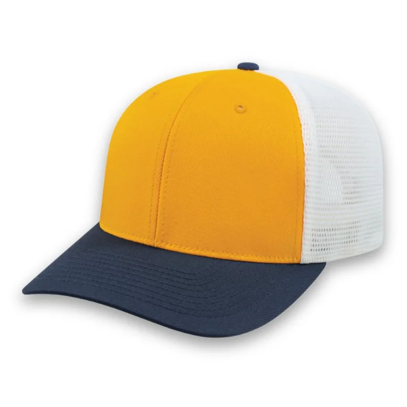 PREMIUM Original Trucker Cap Embroidered promotional caps with corporate logos in toronto Canada navy gold and white