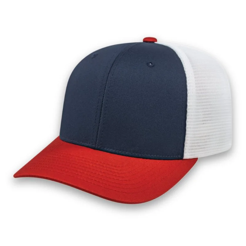 red navy and white PREMIUM Original Trucker Cap Embroidered promotional caps with corporate logos in Toronto Canada