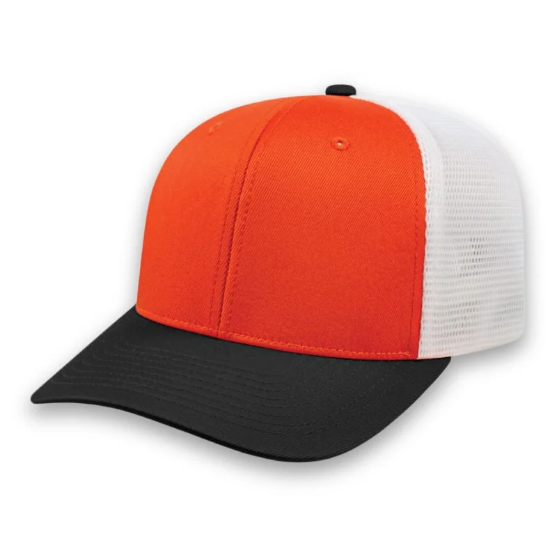 Black orange and white PREMIUM Original Trucker Cap Embroidered promotional caps with corporate logos in Toronto Canada
