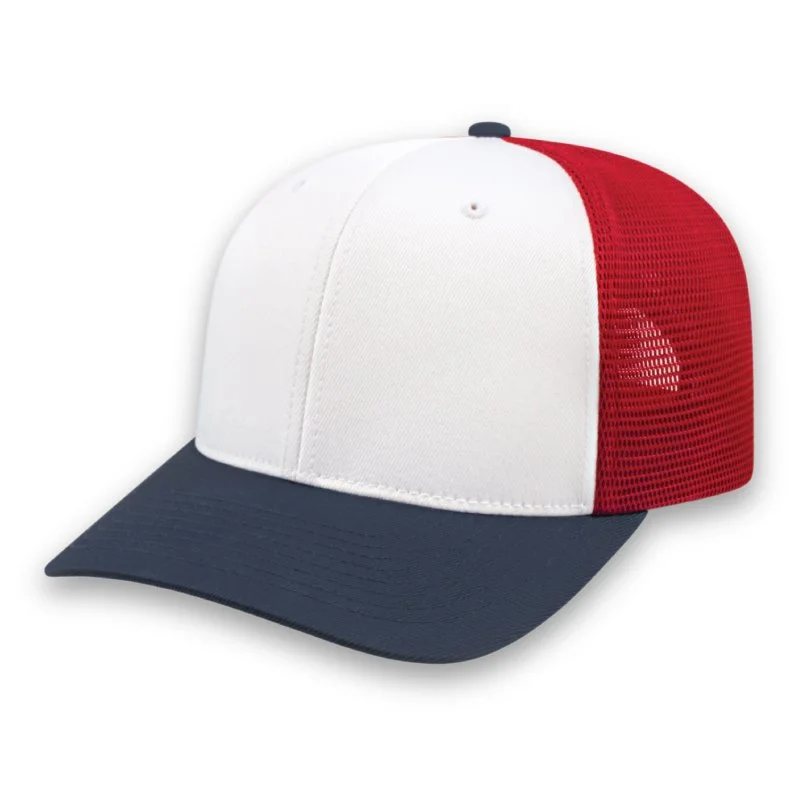 navy white and red PREMIUM Original Trucker Cap Embroidered promotional caps with corporate logos in Toronto Canada