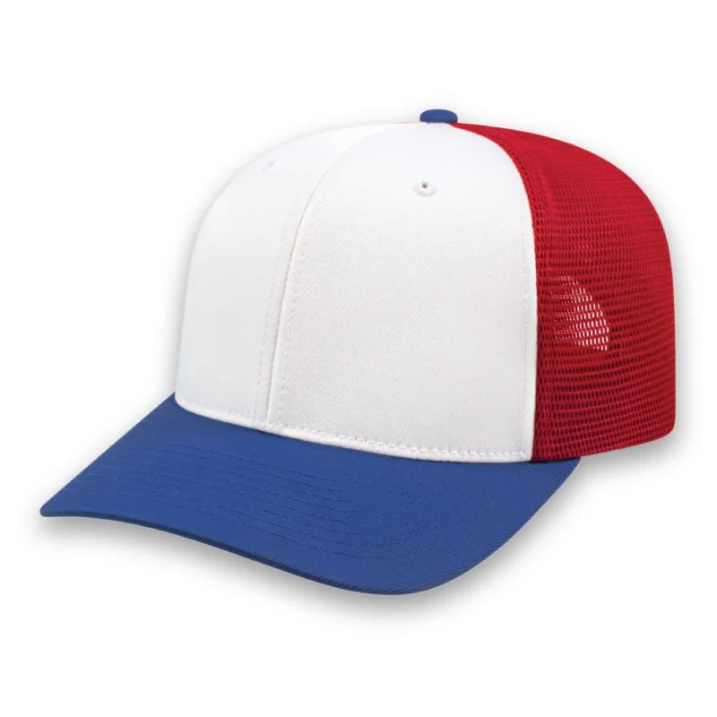 royal white and red PREMIUM Original Trucker Cap Embroidered promotional caps with corporate logos in Toronto Canada
