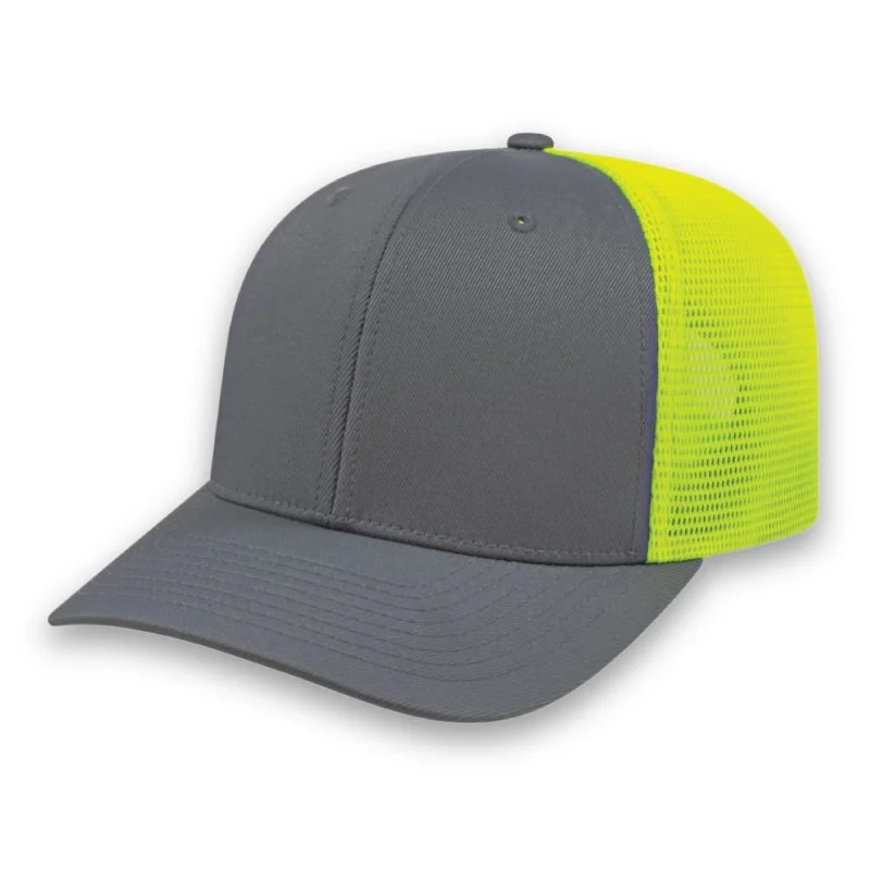 charcoal and vibrant yellow PREMIUM Original Trucker Cap Embroidered promotional caps with corporate logos in Toronto Canada