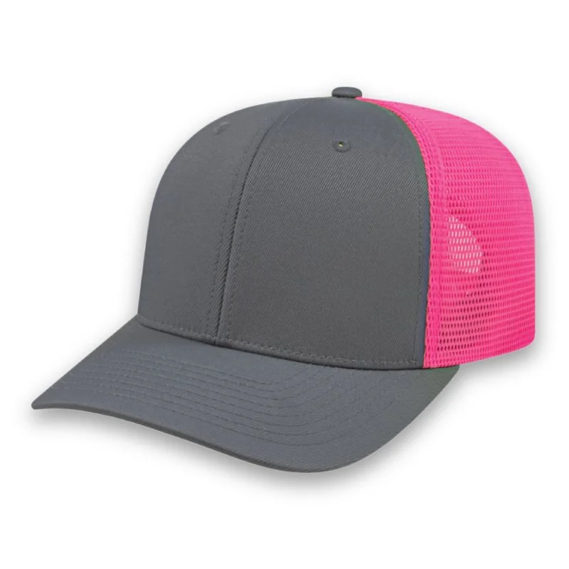 grey and fluorescent pink PREMIUM Original Trucker Cap Embroidered promotional caps with corporate logos in Toronto Canada