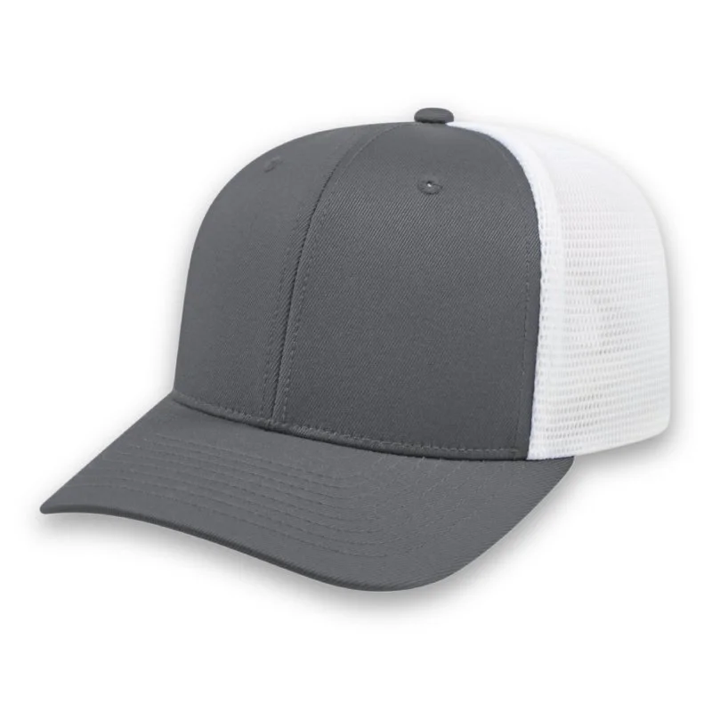 Charcoal grey and white PREMIUM Original Trucker Cap Embroidered promotional caps with corporate logos in Toronto Canada