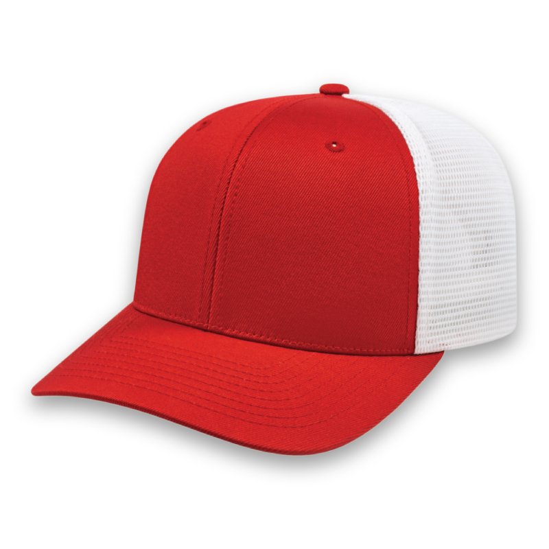 red and white PREMIUM Original Trucker Cap Embroidered promotional caps with corporate logos in Toronto Canada