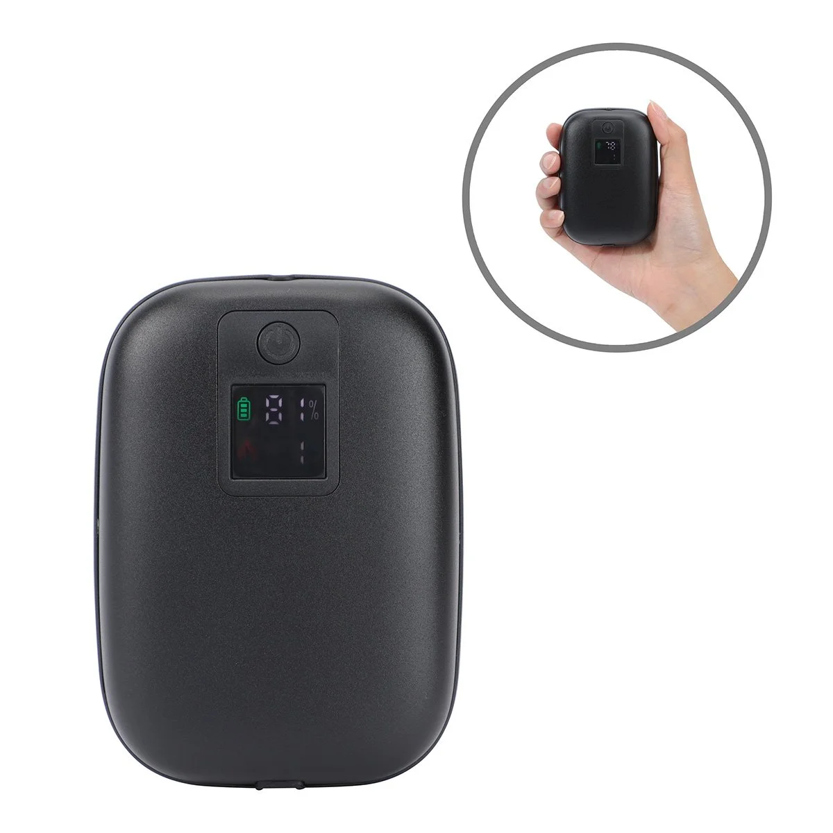 Blank black rounded hand warmer and power bank with a small inset showing it warming a hand, for Ontario winters