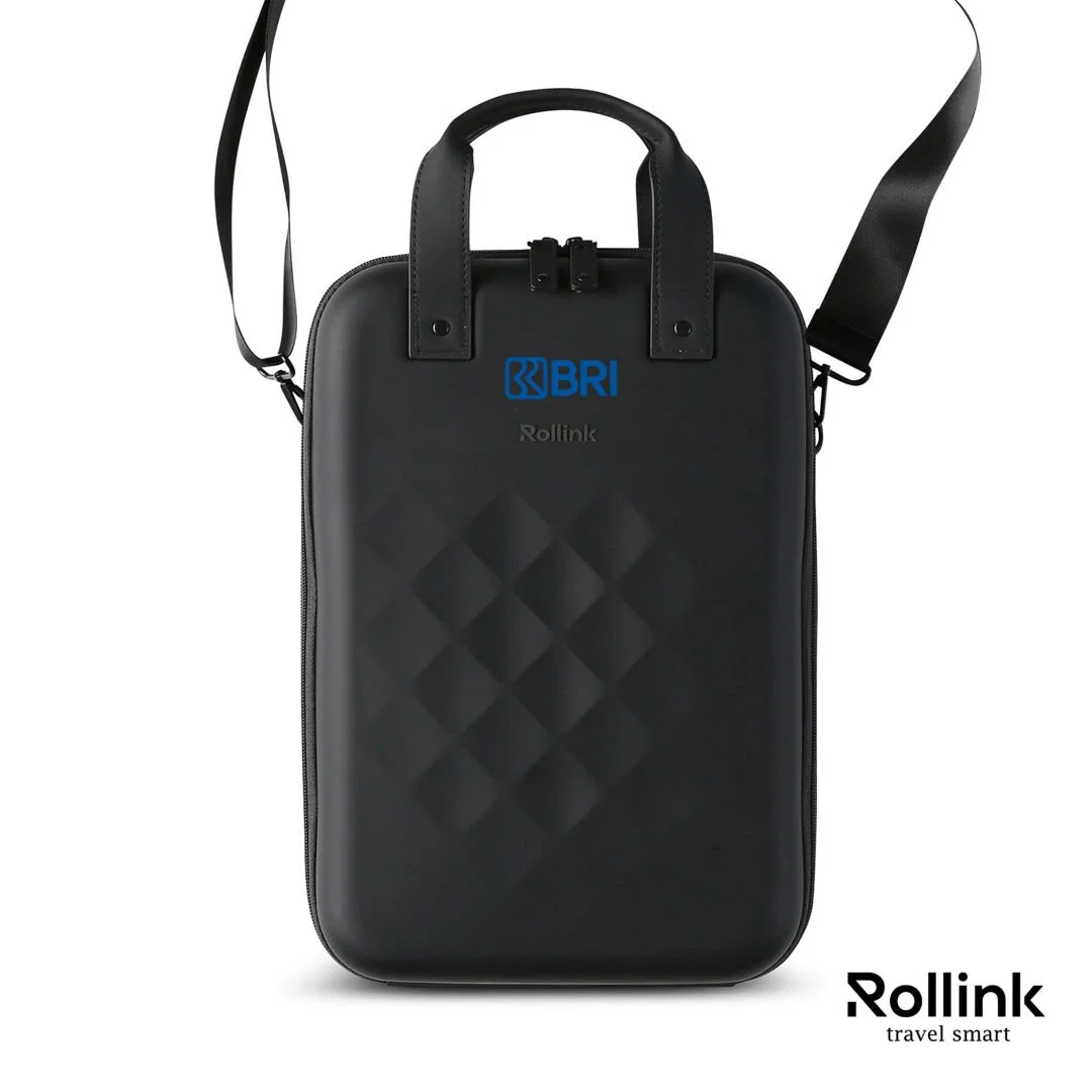 Black Rollink Go 15.6 inch vertical hard shell laptop case with top handles, shoulder strap and a blue logo on the front