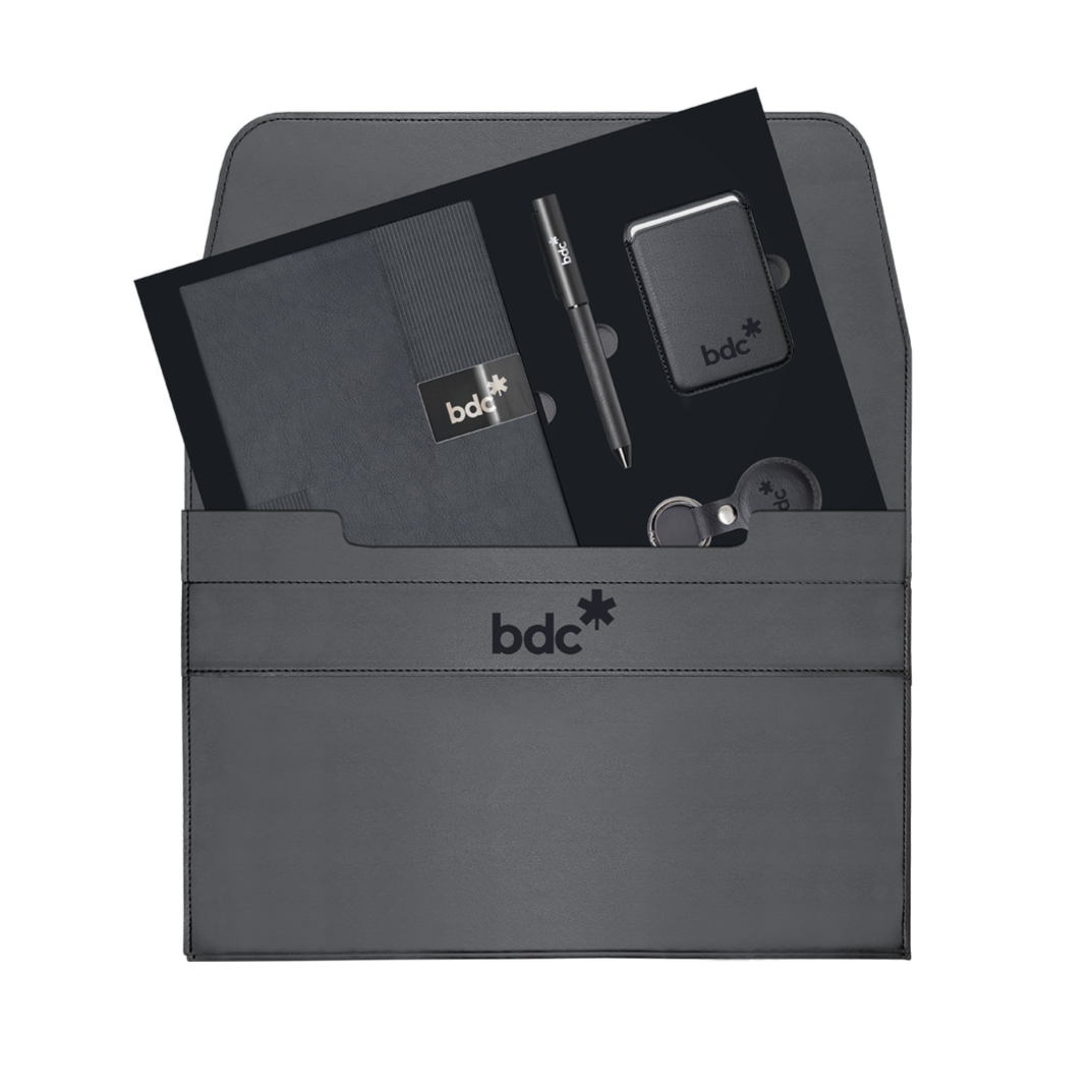 Portfolio case stood open, revealing its notebook, pen, card holder and AirTag holder tucked into the interior pockets.