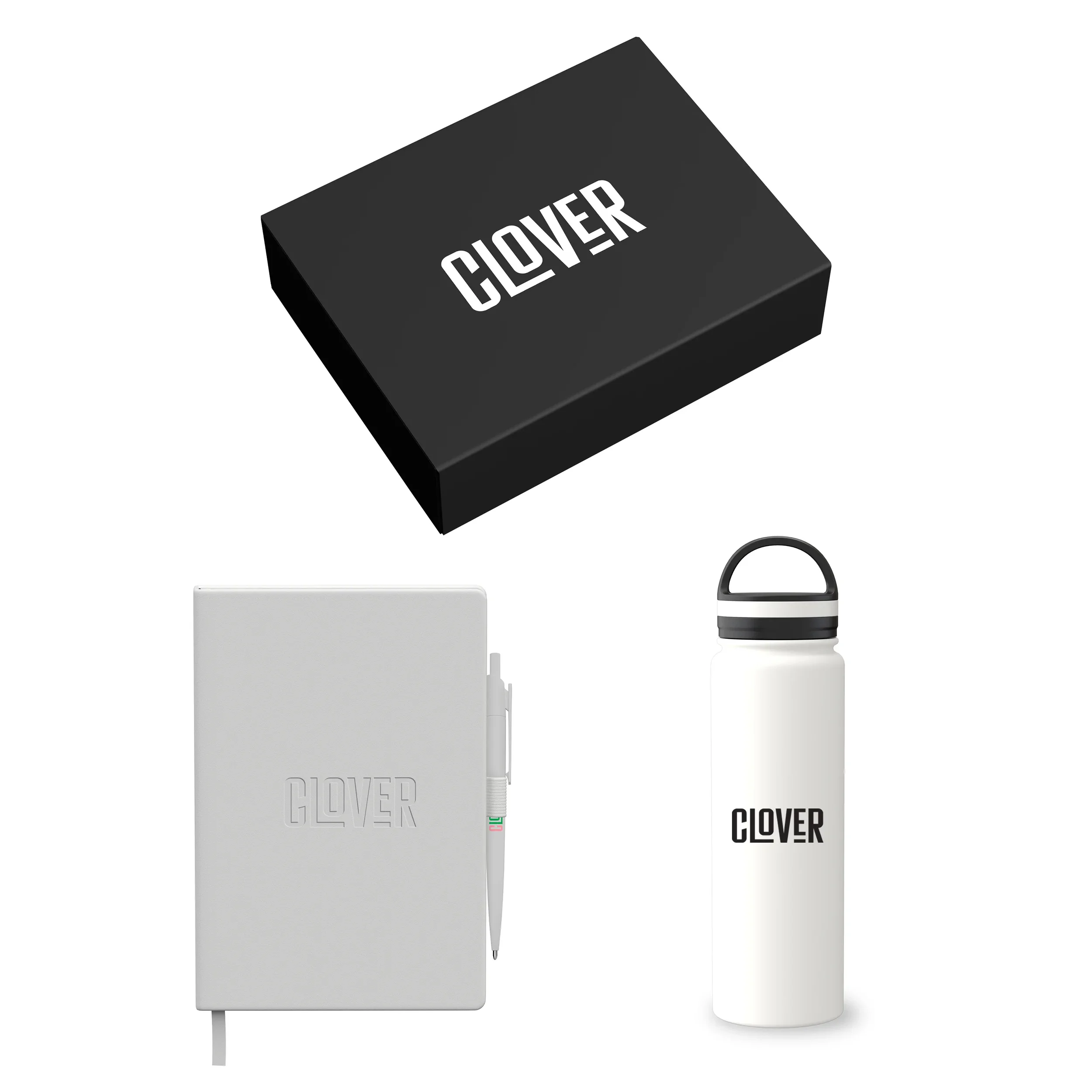 Pale grey journal paired with its matching white bottle standing in front of the same black gift box, the lightest colorway in the lineup.