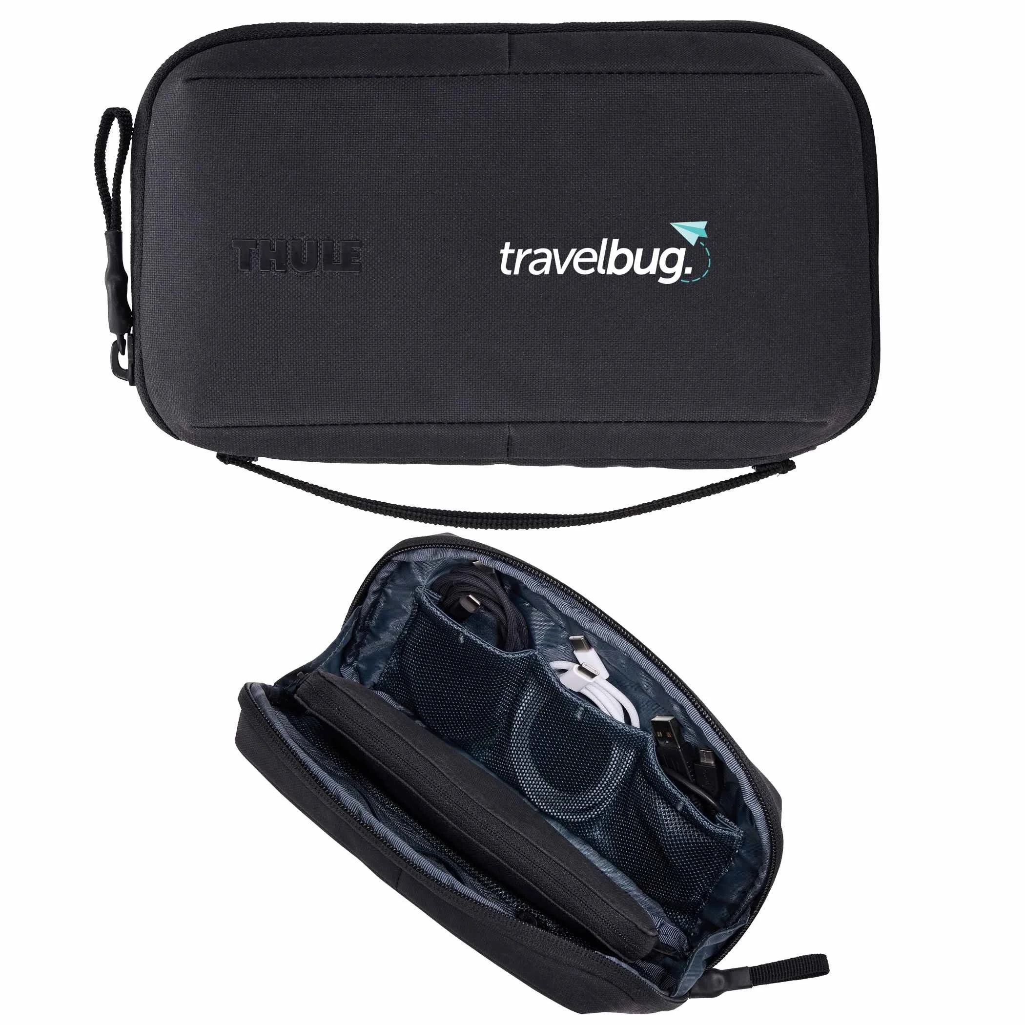 Black Thule Aion travel organizer with a custom logo printed on the front, shown closed and open