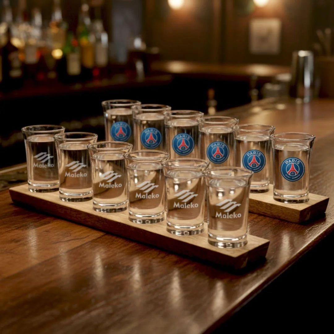 Shot Glasses Set on Acacia | Alberta Corporate Gifts – shot glass set on acacia holder in tavern setting