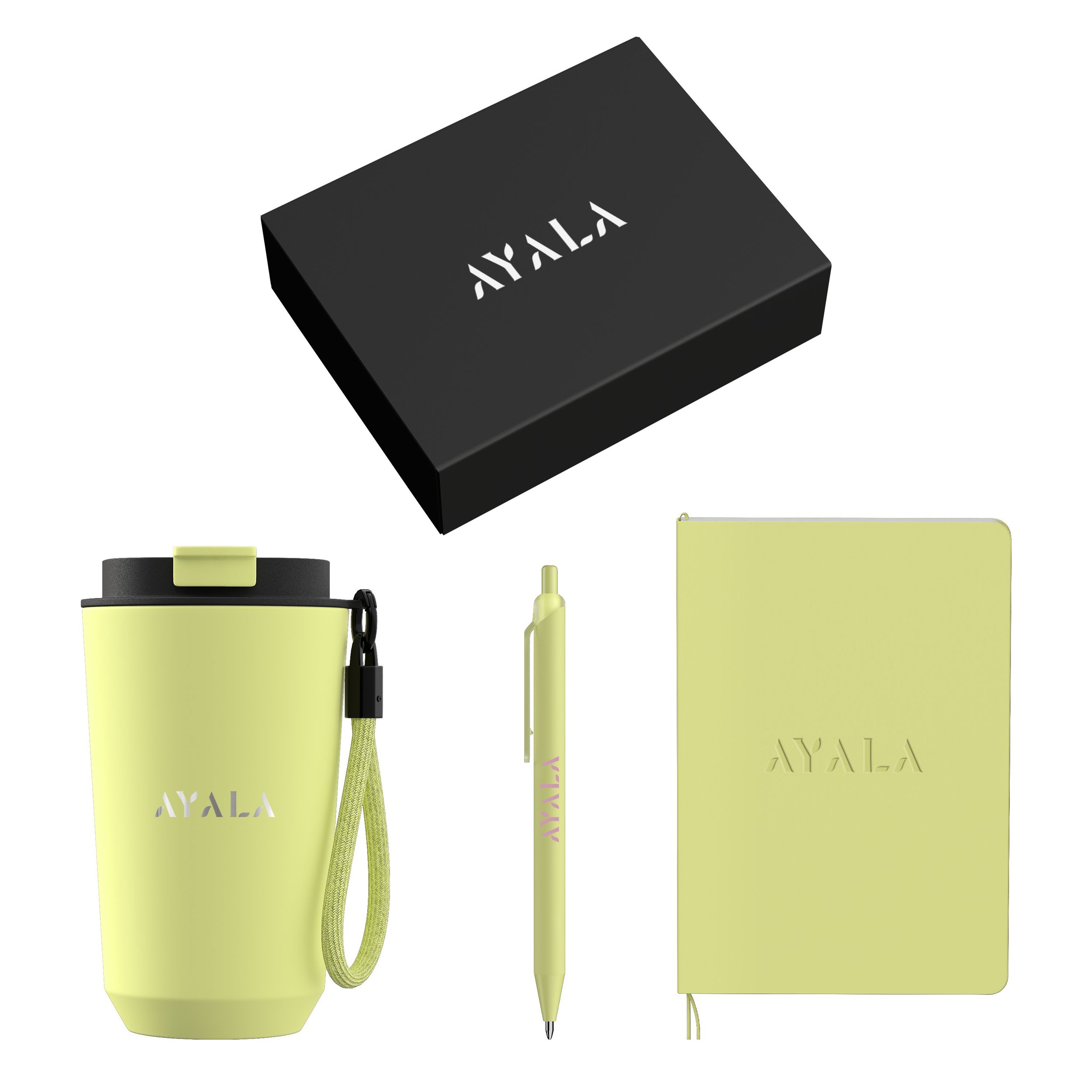 Pale key lime tumbler, pen, and notebook set displayed together with the black branded box.