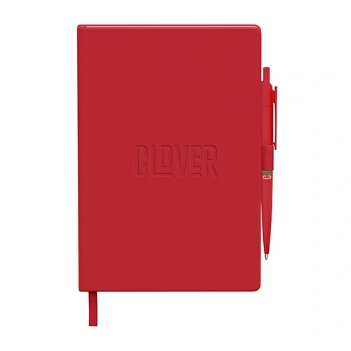 Red hardcover journal with its pen tucked into the side loop, shown against a plain background.