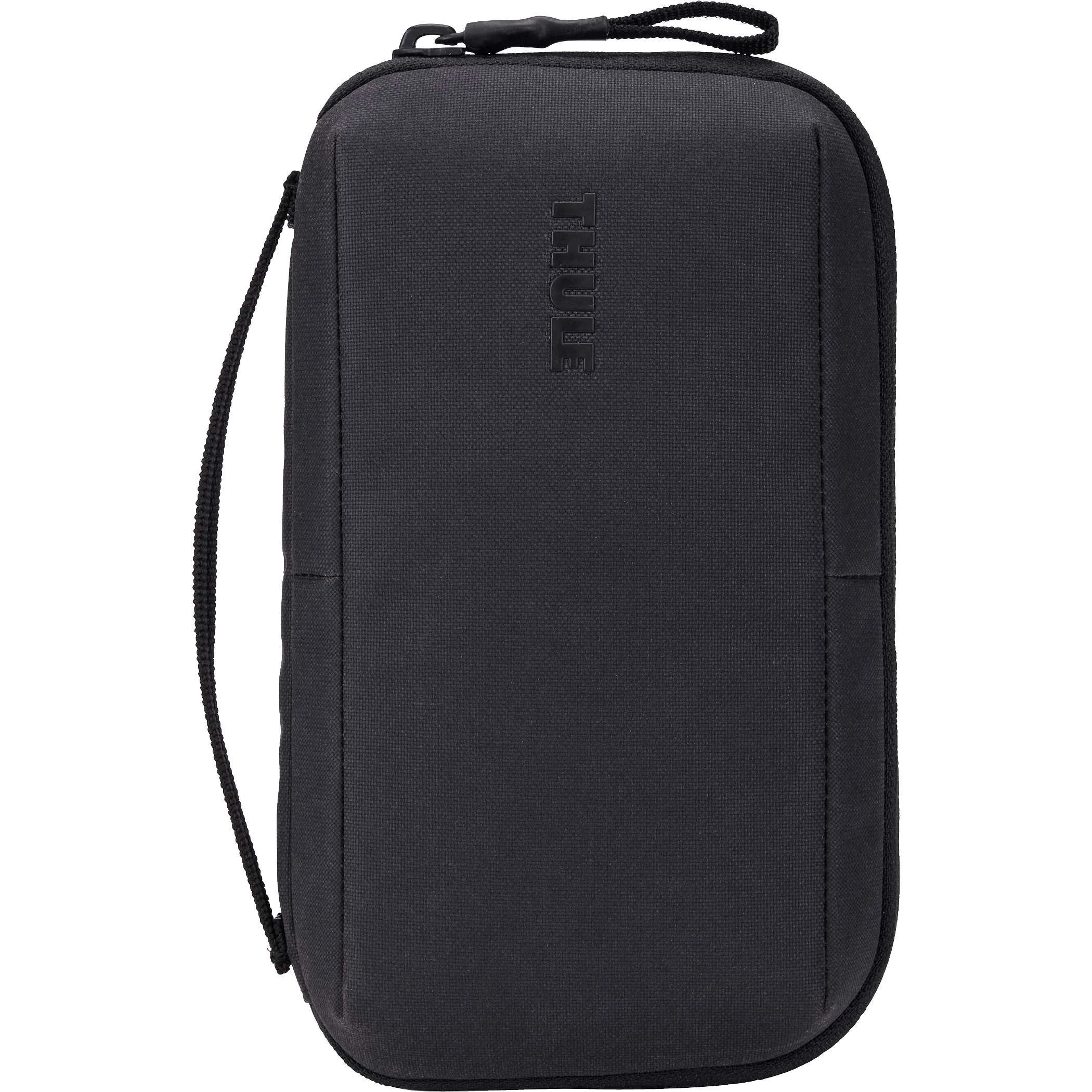 Black Thule Aion travel organizer standing upright with a wrist strap, front view