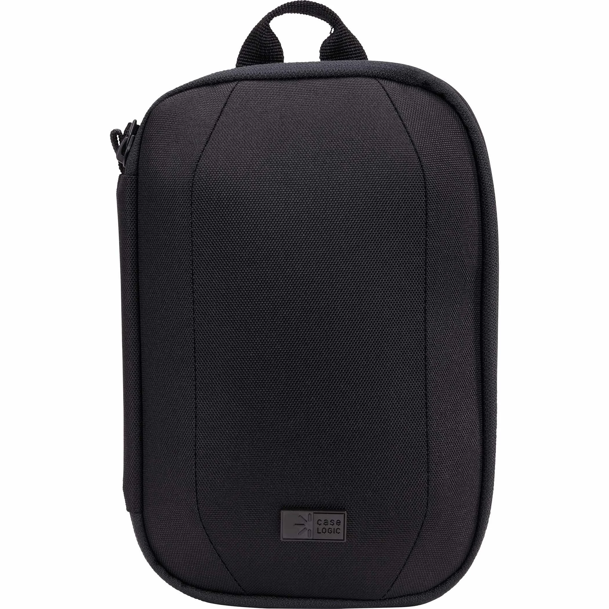 Plain black Case Logic Invigo accessory case, front view with zipper and top handle